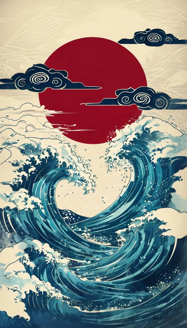 Dynamic Japanese Ukiyo E Style Seascape With Red Sun Mobile Wallpaper
