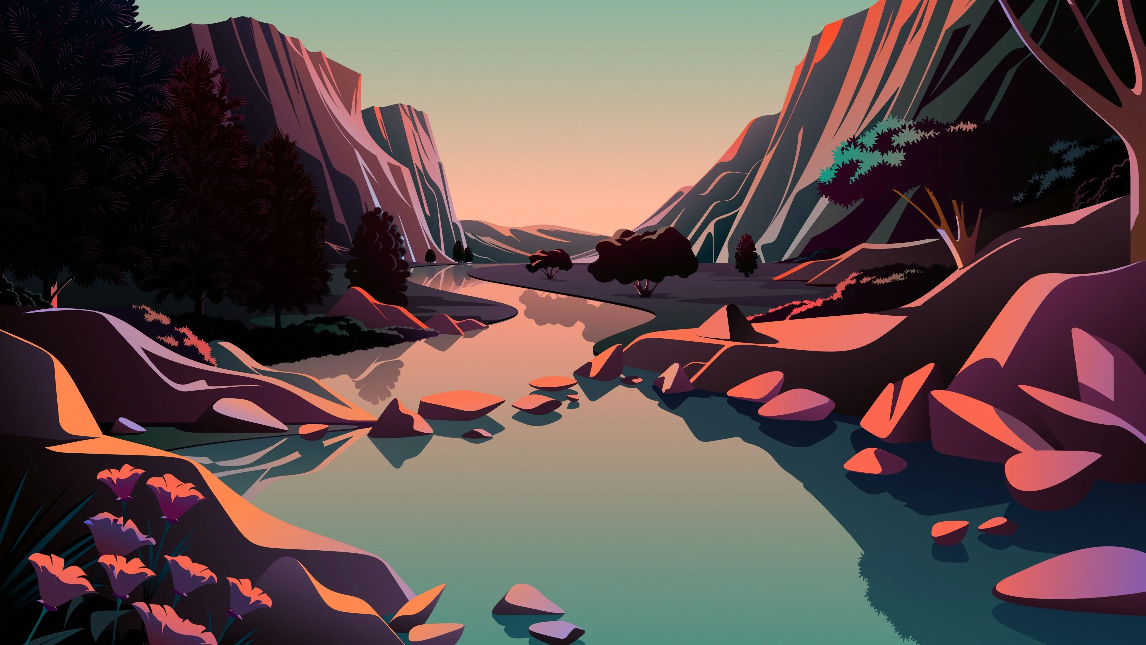 macOS Big Sur Wallpaper 4K, Mountains, River, Rocks, Sunrise