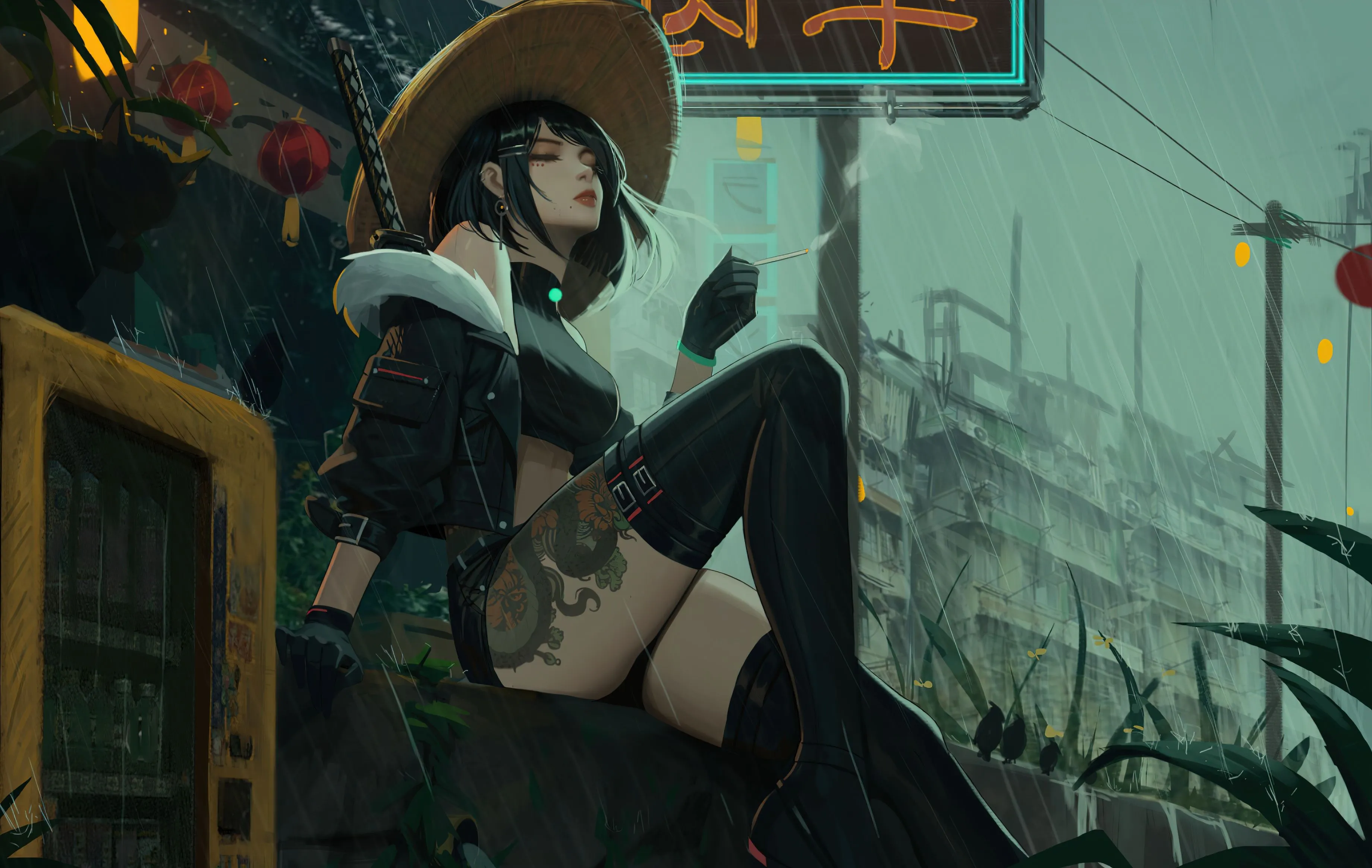 Wallpaper rain, art, Rainy day, dragon, digital art, artwork, Samurai Girl, Japanese city for mobile and desktop, section фантастика, resolution 3680x2328