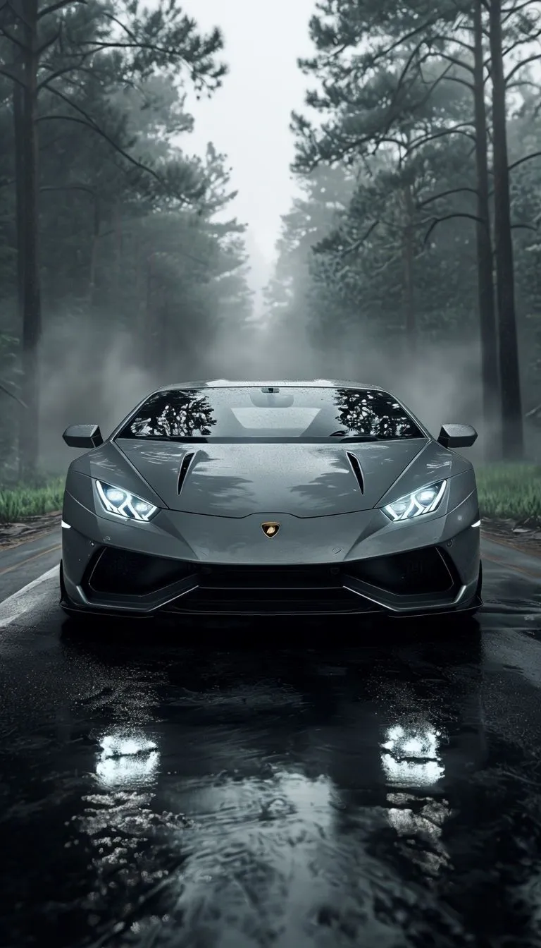 Sleek Dark Gray Lamborghini Sports Car in Autumn Scene Mobile Wallpaper