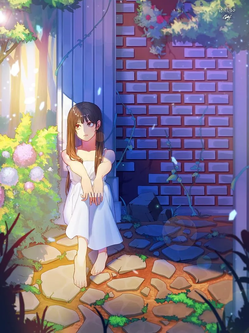 Girl, sad, garden, anime, art, HD phone wallpaper