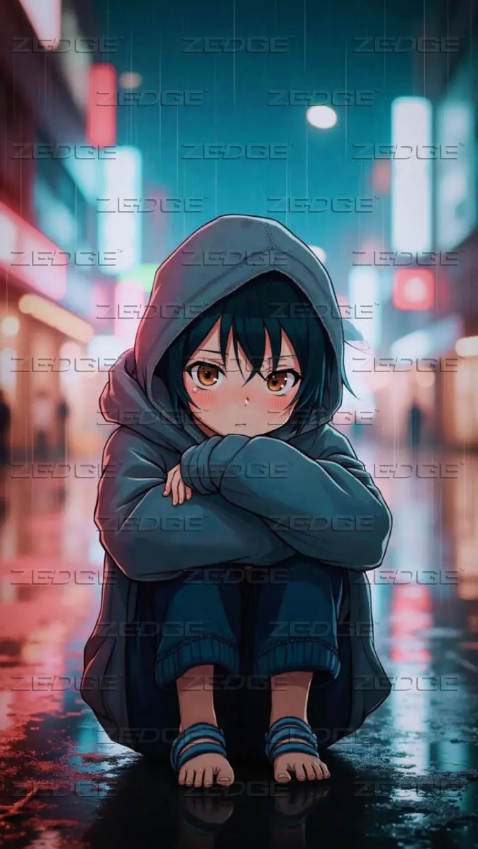 Sad Anime Boy in Black Hoodie wallpaper