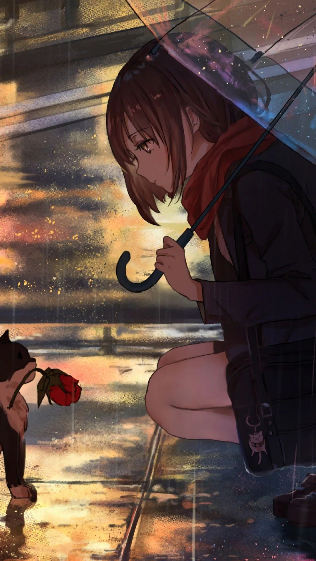 Anime, Girl, Raining, Cat HD Hd Phone Wallpaper