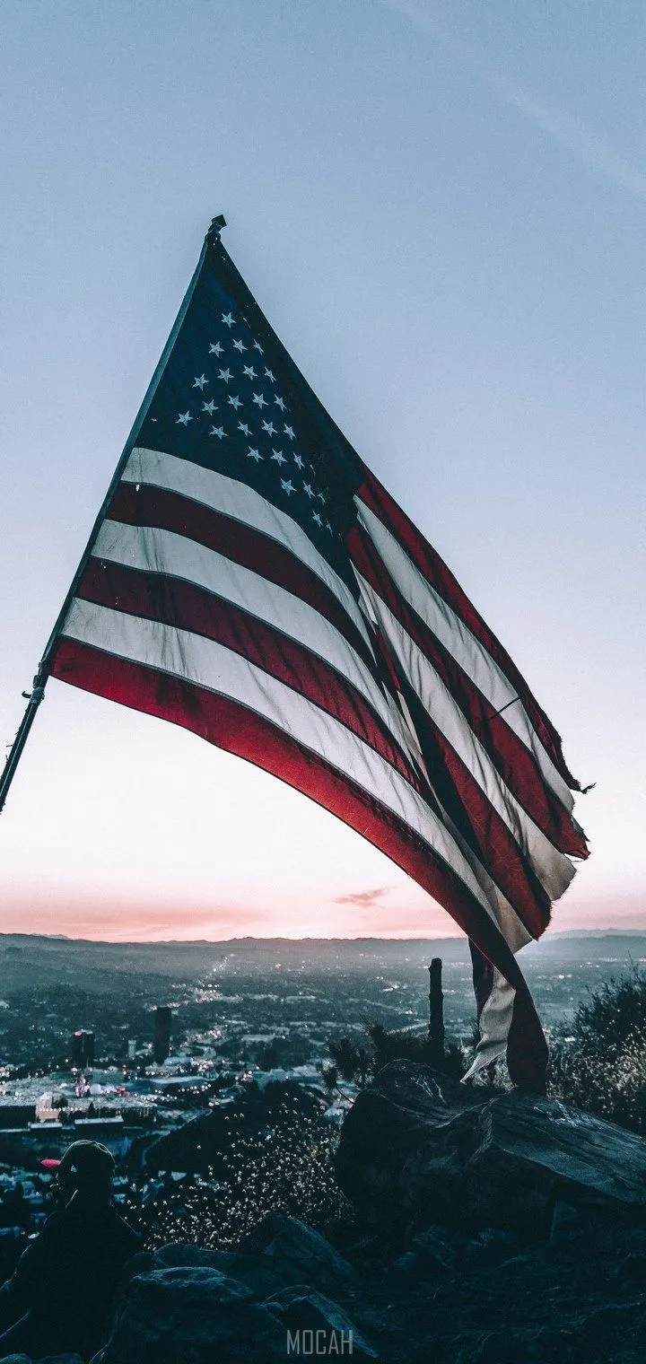 the american flag blowing in the wind off the side of a cliff in los angeles during sunset, make america american again, Huawei Enjoy 10s, 1080x2400 HD Phone Wallpaper