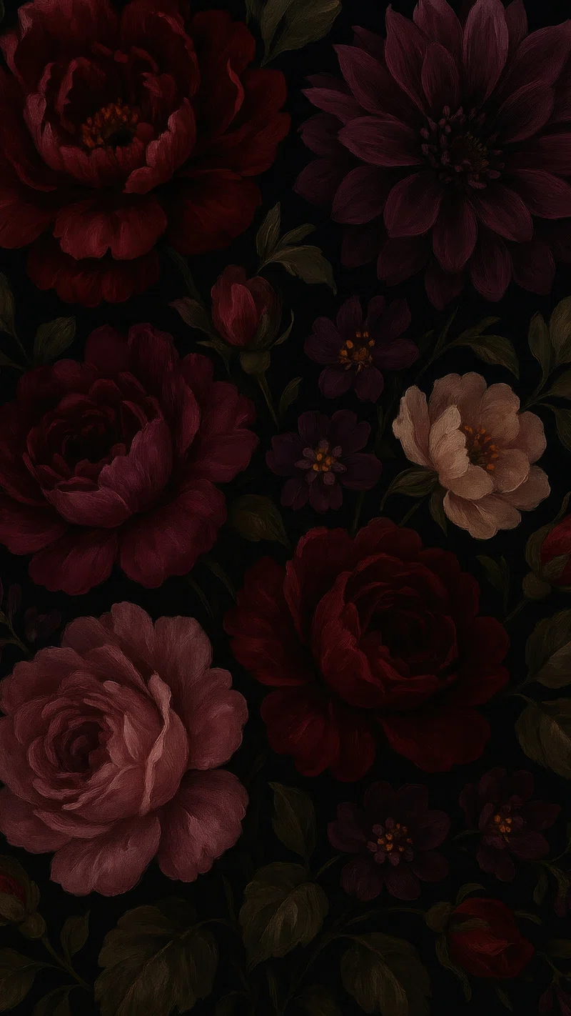 Burgundy Flowers Black Background Image Wallpaper