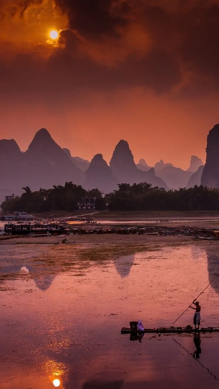 China, Li River, Scavenger, Ships, Mountains, Sunrise 750x1334 IPhone 8 7 6 6S Wallpaper, Background, Picture, Image