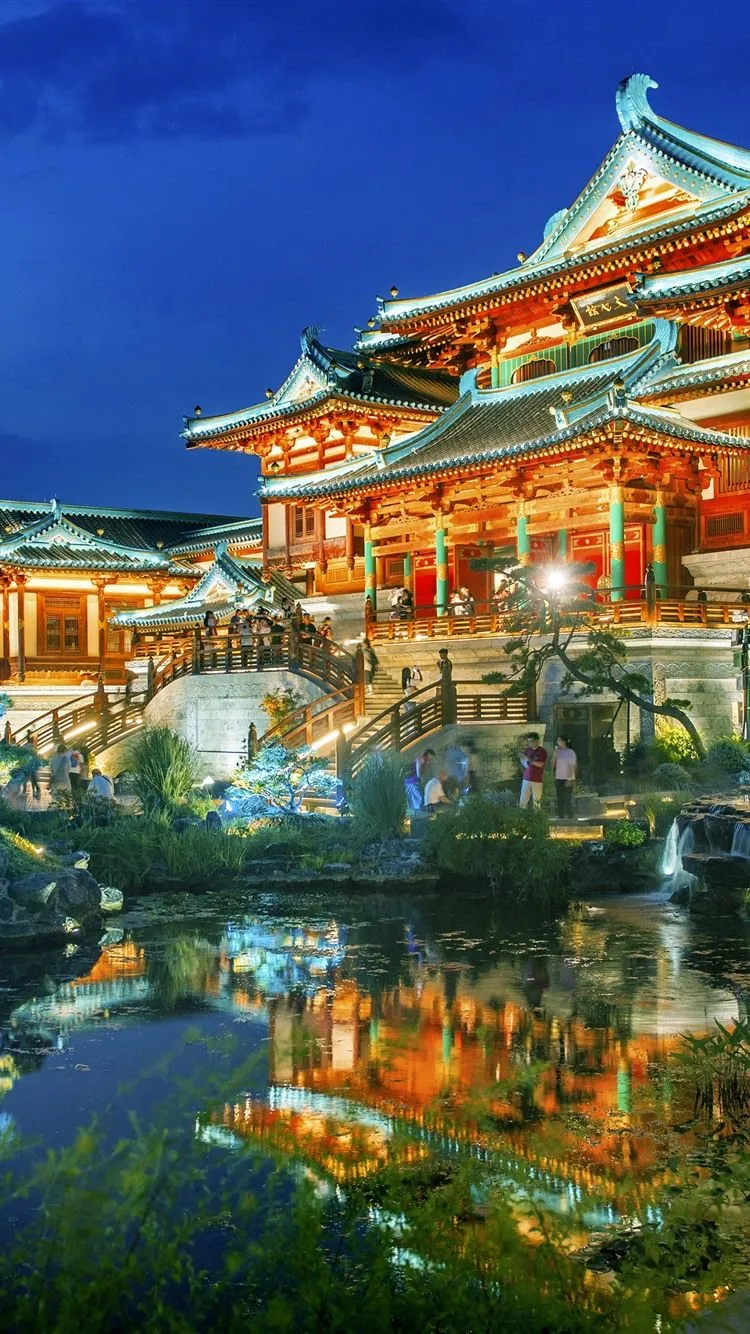 Jinling Small Town, Buildings, Lights, Pond, Trees, Night, China 1080x1920 IPhone 8 7 6 6S Plus Wallpaper, Background, Picture, Image