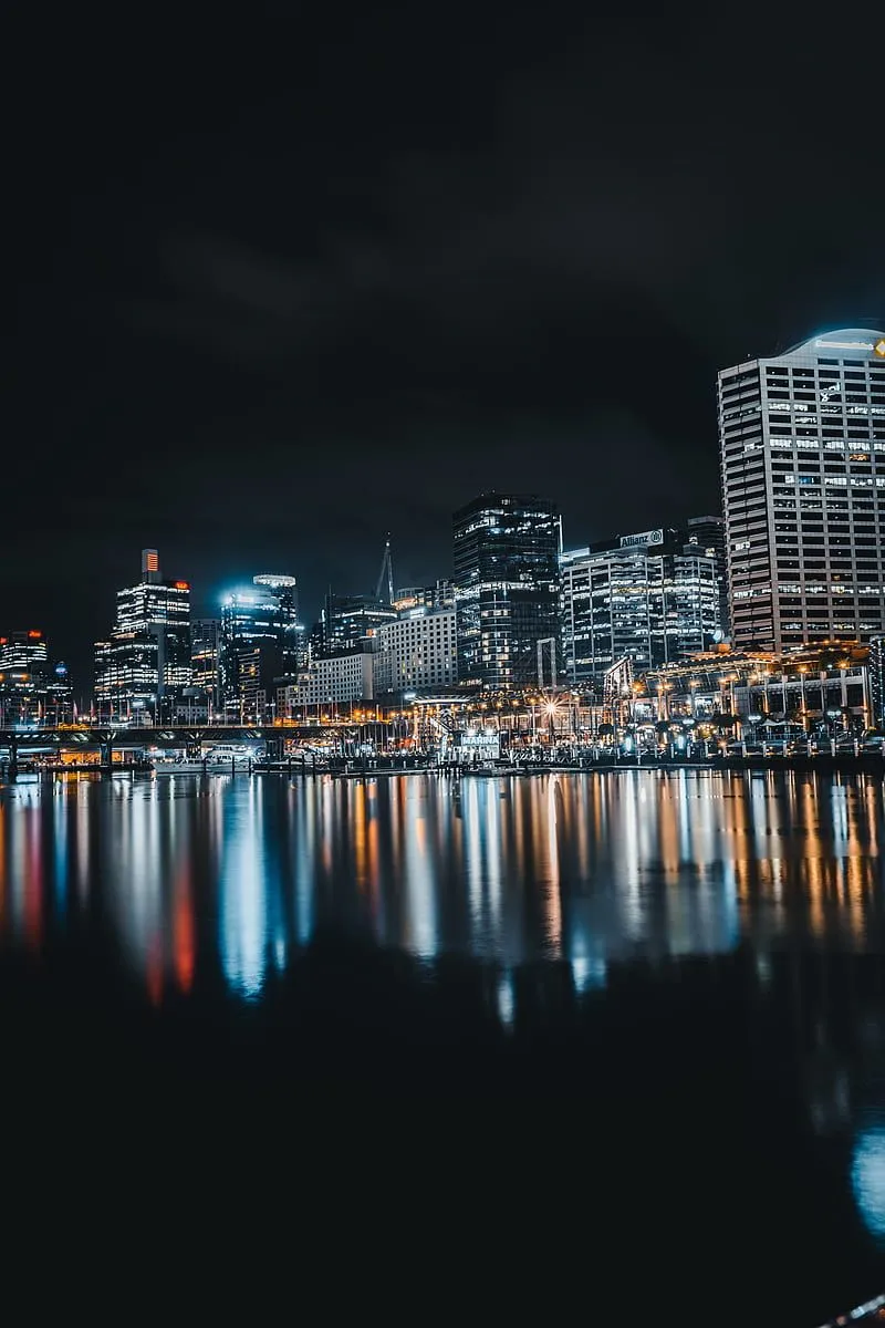 Night city, buildings, lights, reflection, cityscape, HD phone wallpaper