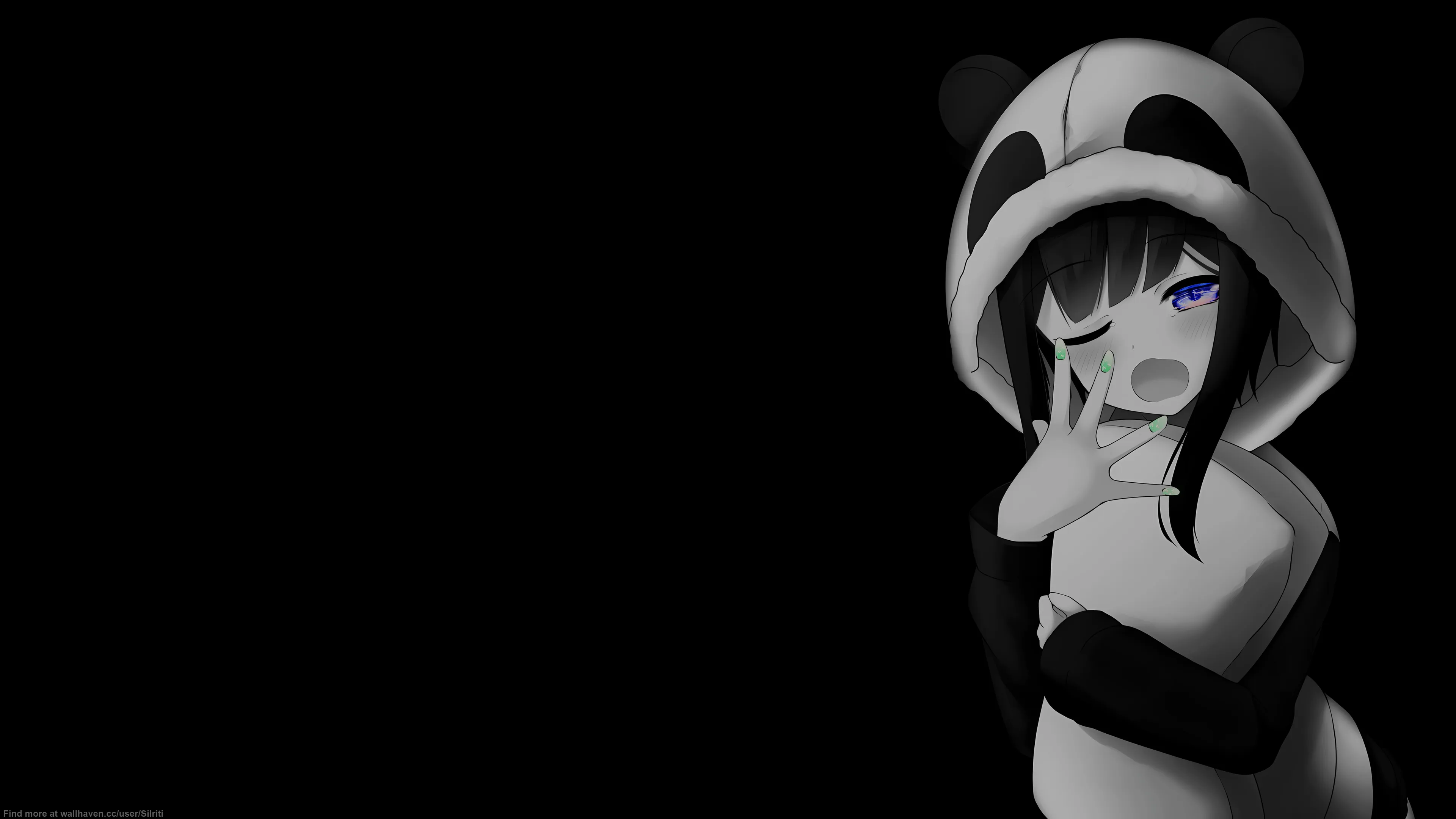 4K, One Eye Closed, Selective Coloring, Blushing, Pillow, Yawning, Black Background, Minimalism, HD Wallpaper