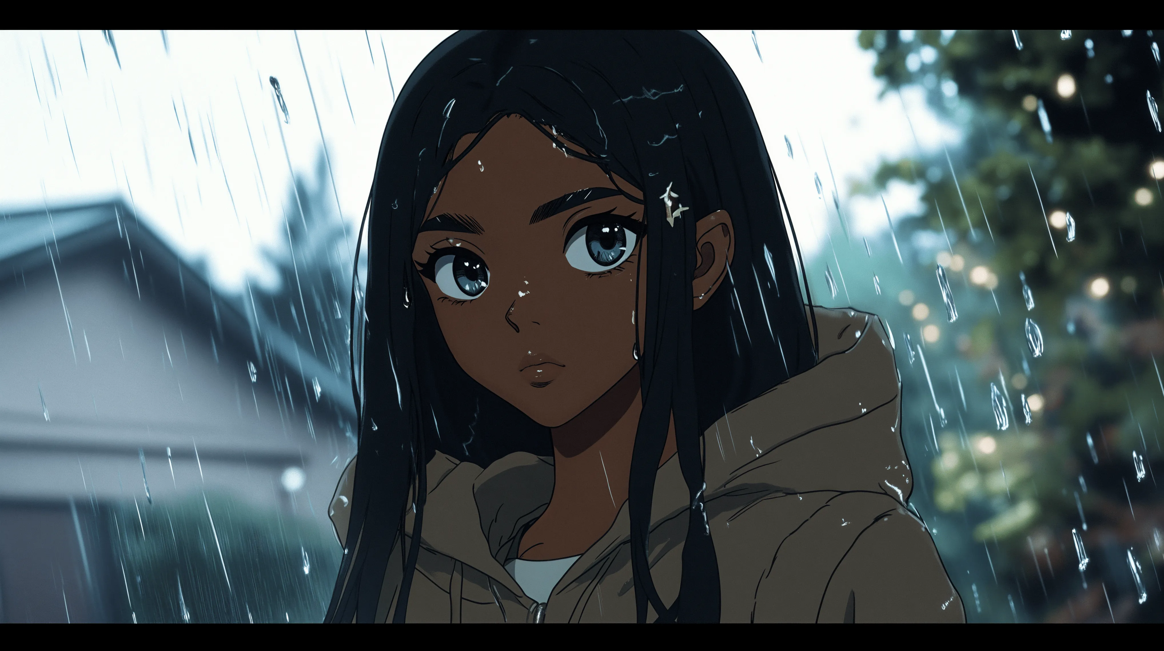 Serene Rain: Black Anime Girl in 4K Ultra HD Wallpaper