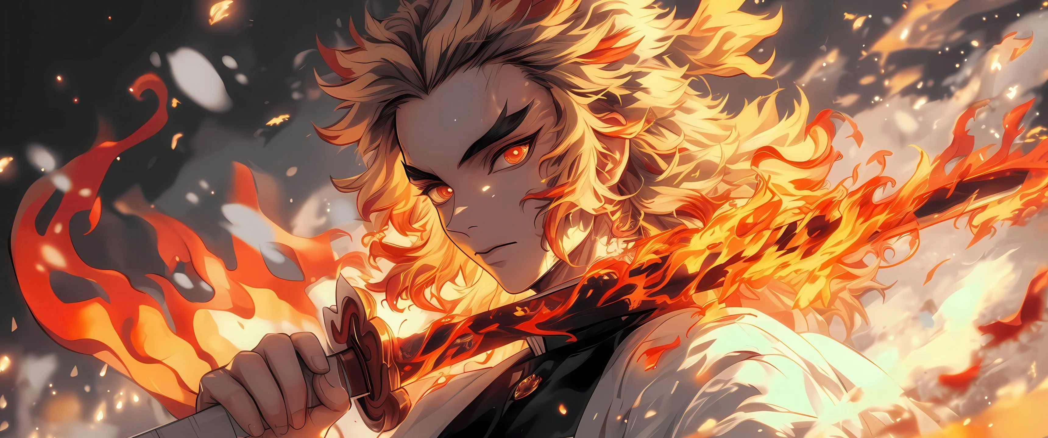 Kyojuro Rengoku Wallpaper 4K, Sword, Fire effect