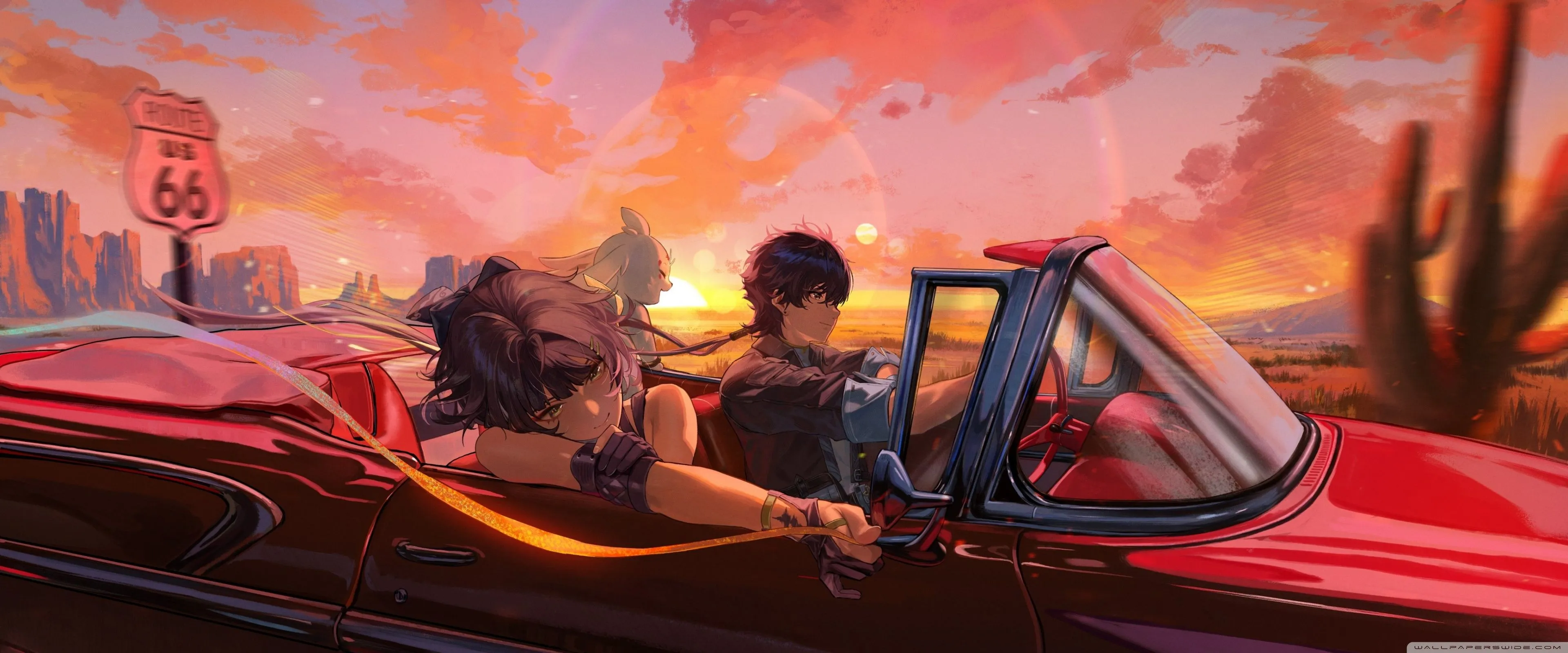 Anime, Convertible Car, Boy and Girl, Adventure 4K UHD Wallpaper for UltraHD Desktop and TV, Widescreen and UltraWide Display, Dual Monitor