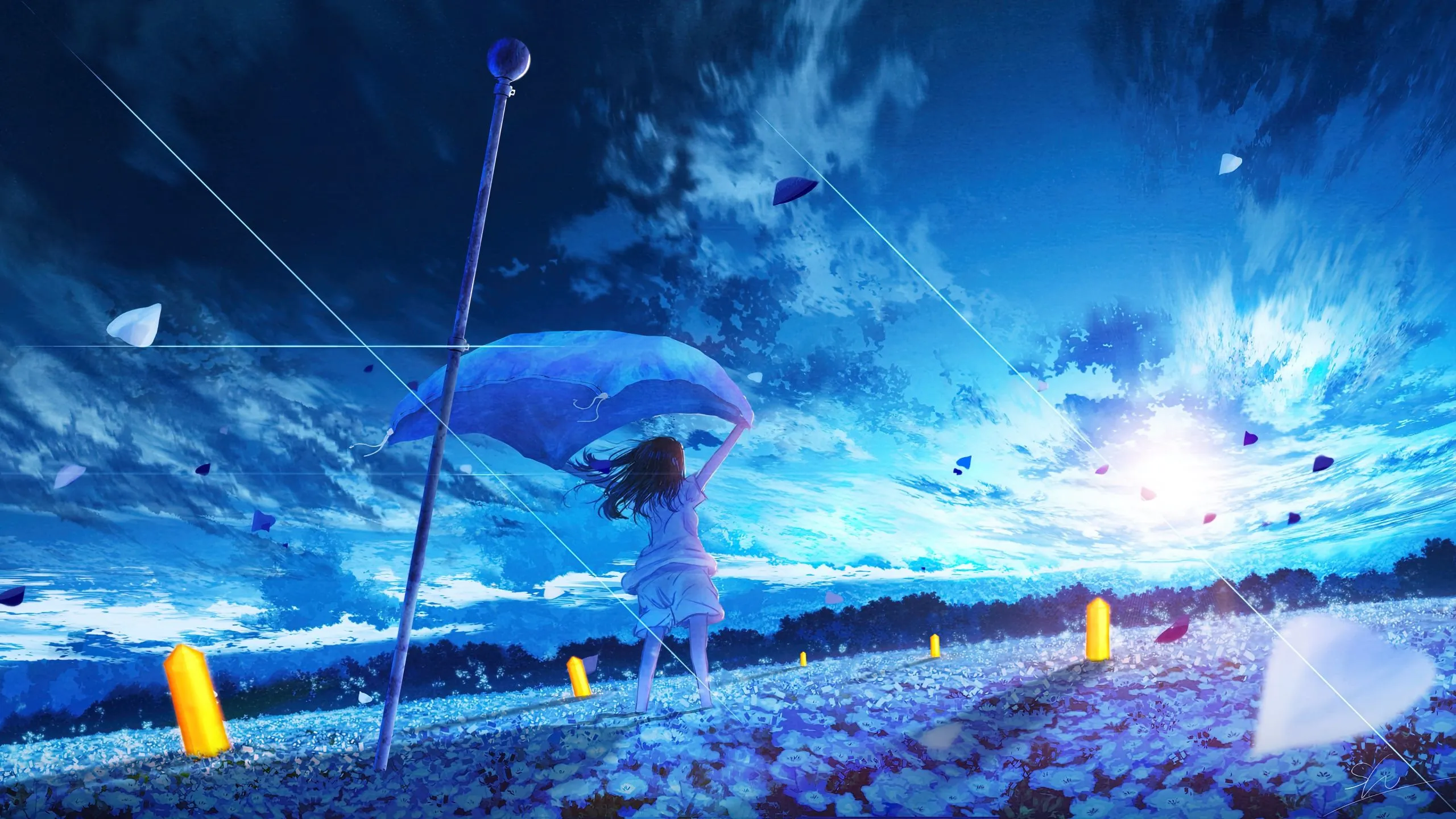 Morning breeze Wallpaper 4K, Blue aesthetic, Anime girl