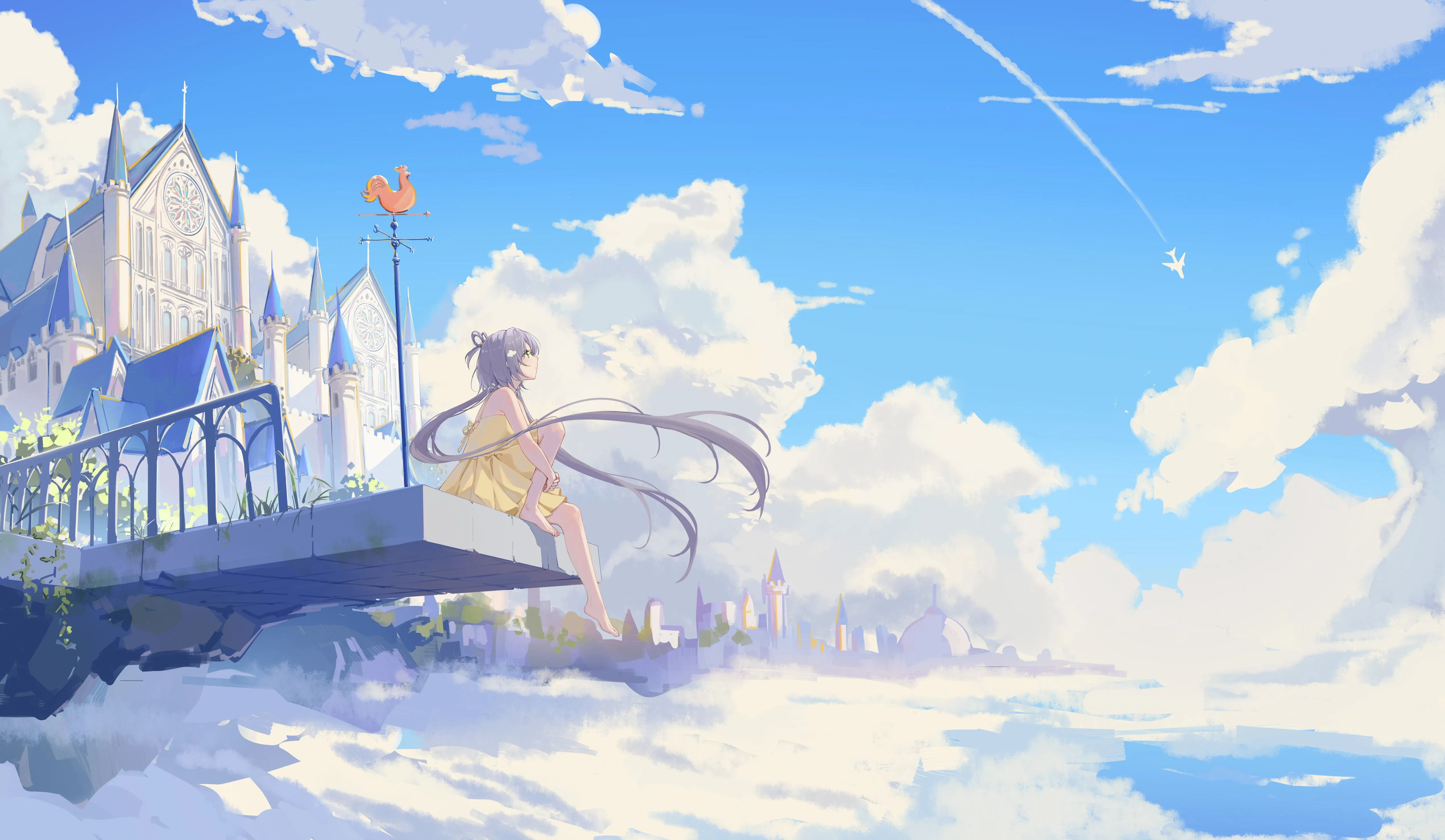 Anime Girl Sky Castle Wallpaper 4K