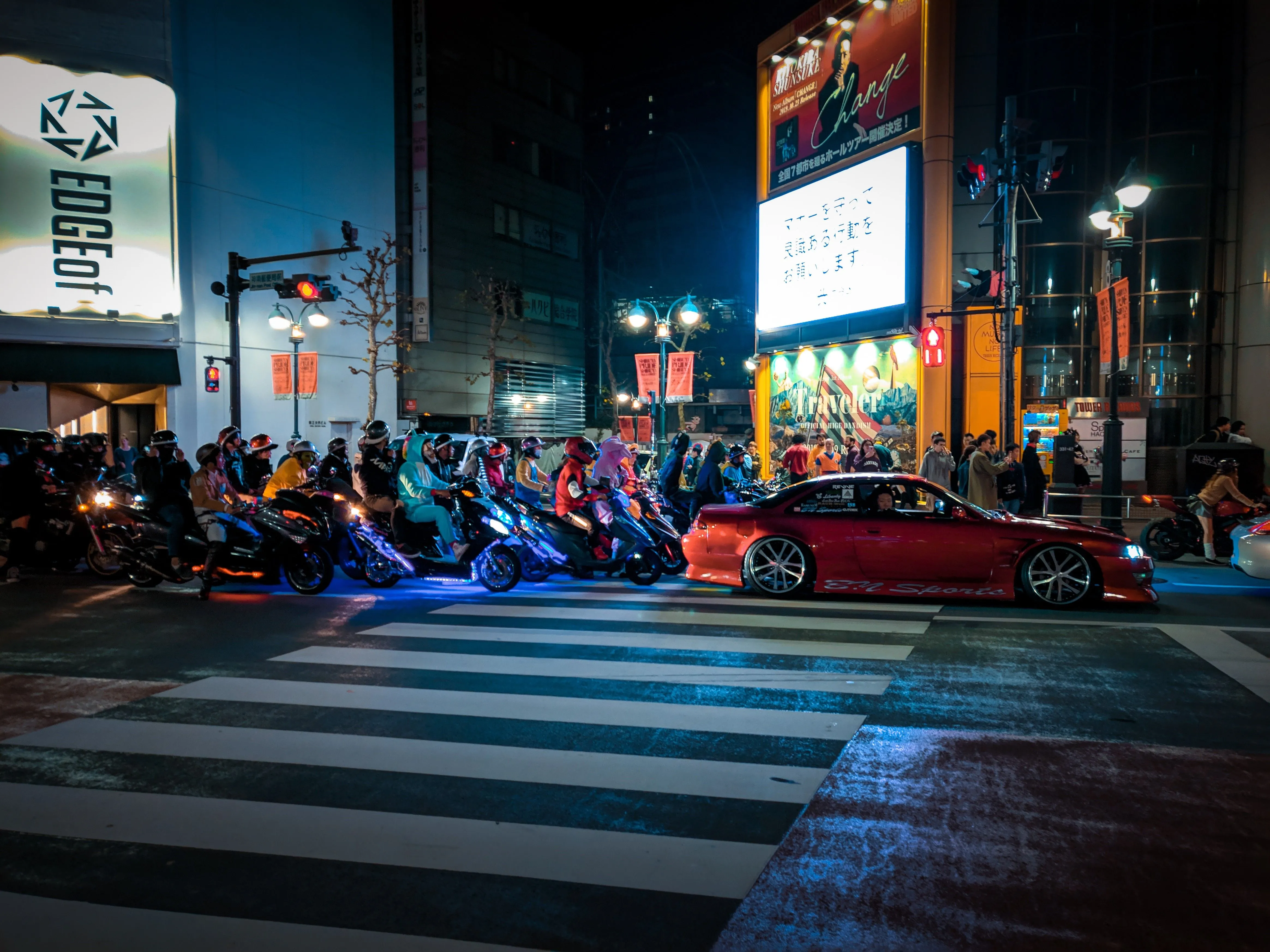 4K, crosswalk, street, red cars, billboards, Japan, Toyota Soarer, night, scooters, Pika, Toyota, Lexus, street japan, biker, HD Wallpaper