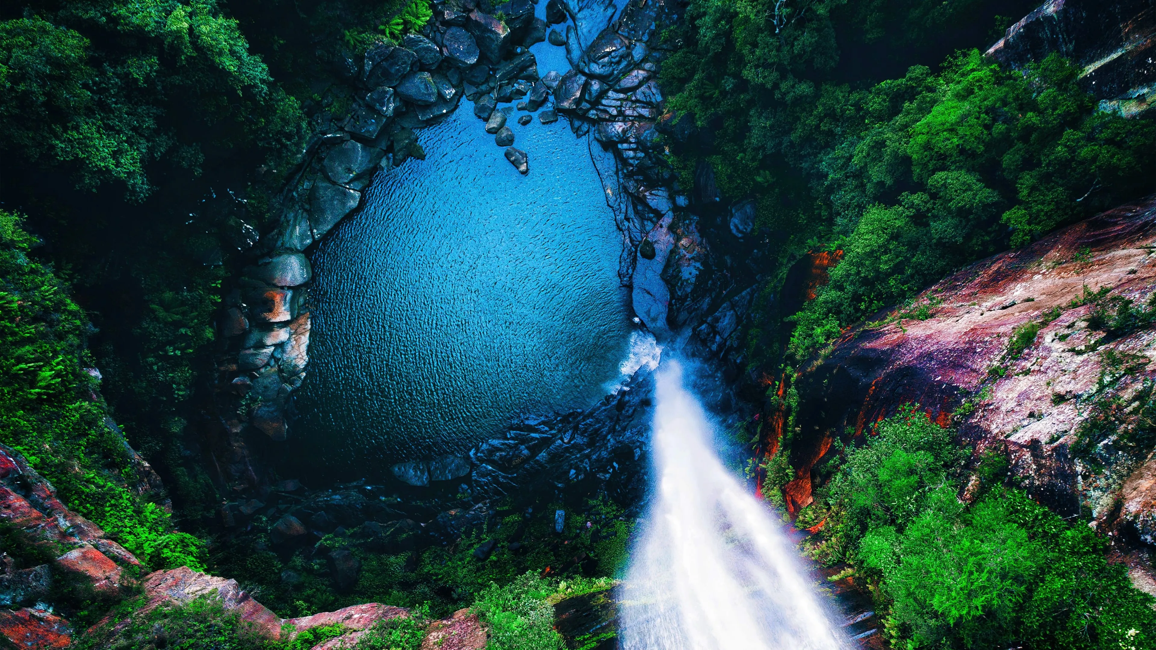Waterfall Wallpaper 4K, Aerial view, Forest, 5K