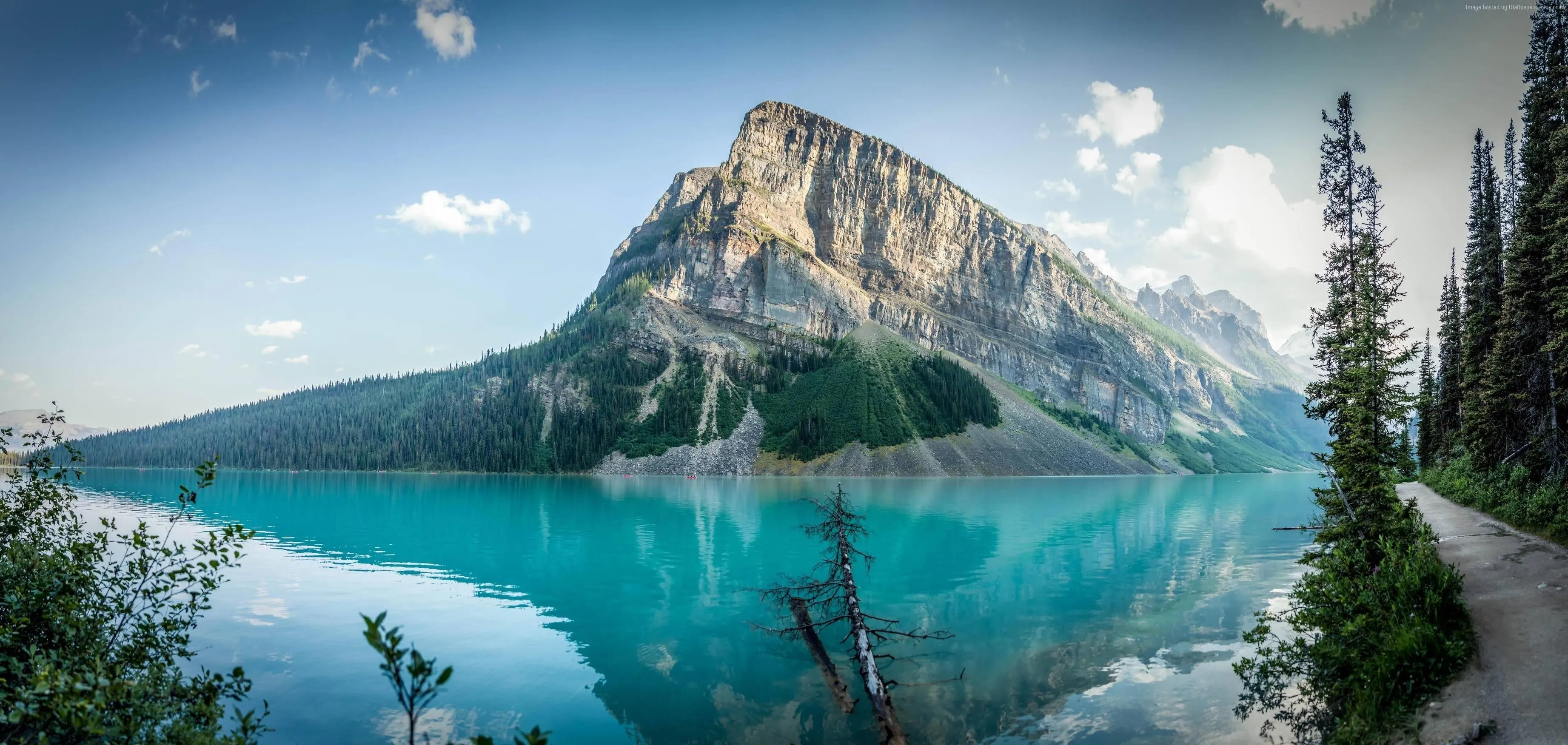 Wallpaper Green and Gray Mountain Beside Body of Water Under Blue Sky During Daytime, Background Free Image