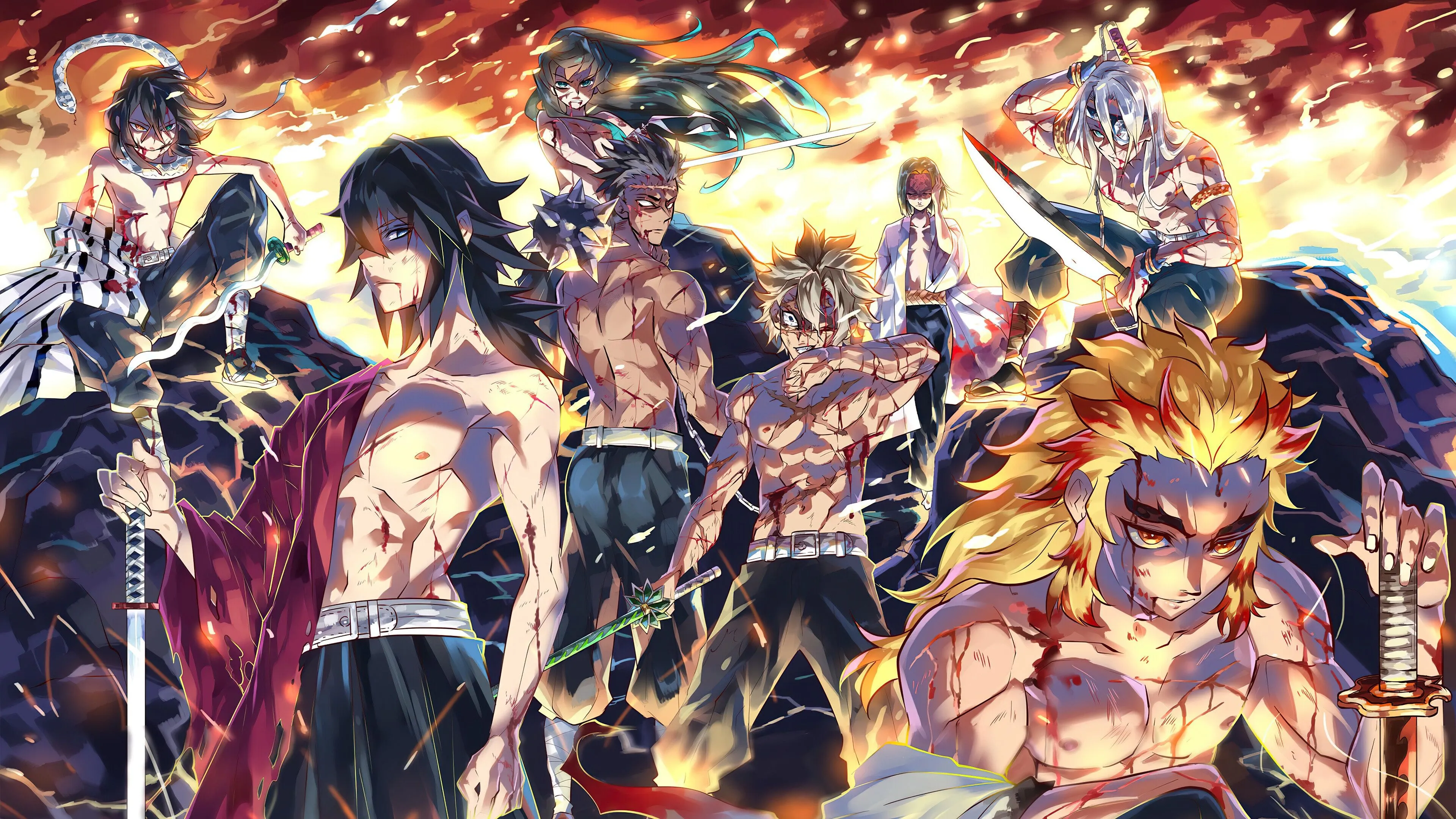 Demon Slayer: Kimetsu No Yaiba 4K, Obanai Iguro, Tengen Uzui, Kyojuro Rengoku, HD Wallpaper