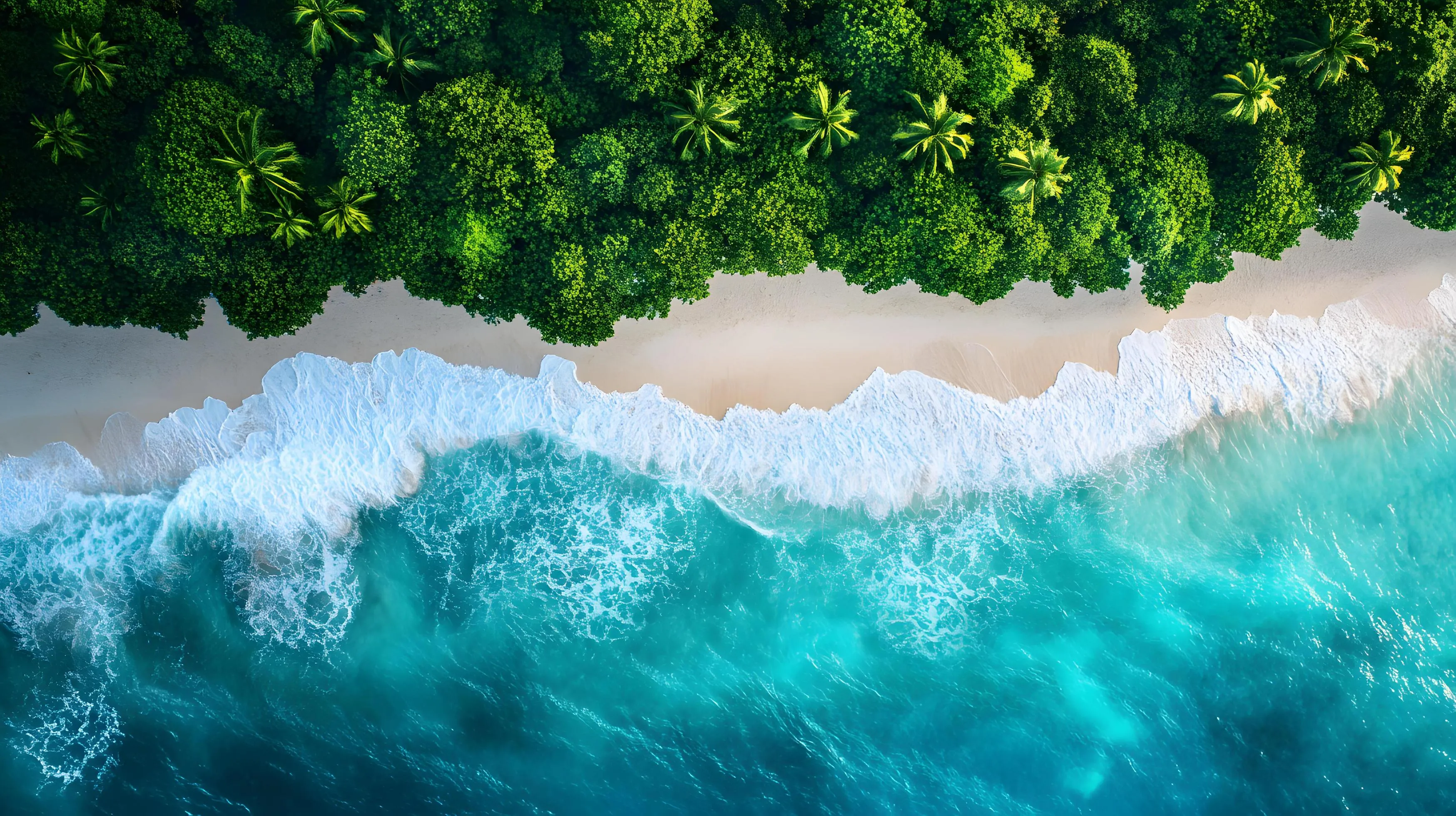 A beautiful blue ocean with a green forest in the background
