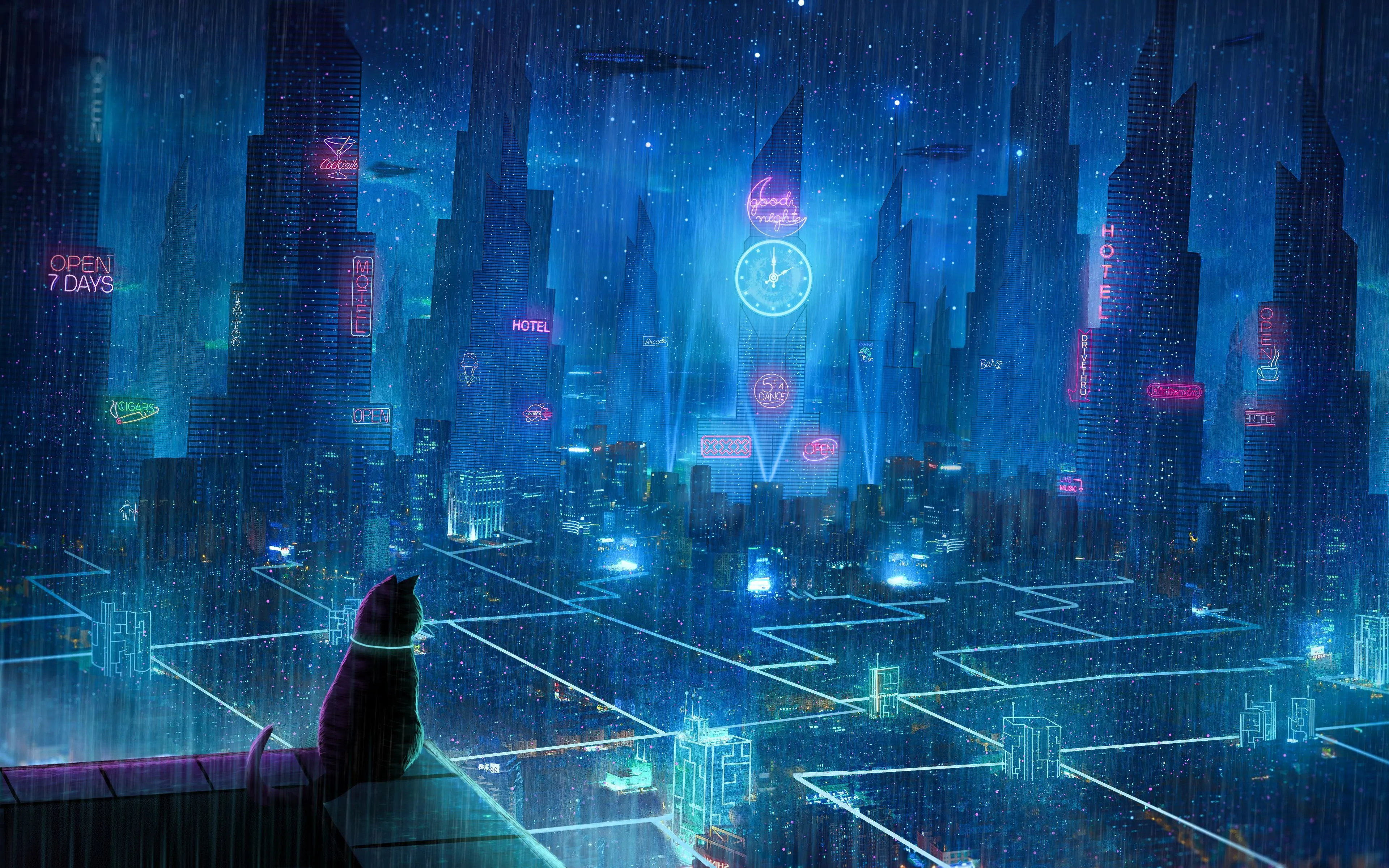 Download wallpaper 3840x2400 cat, roof, city, neon lights, metropolis, future, cyberpunk 4k ultra HD 16:10 HD background
