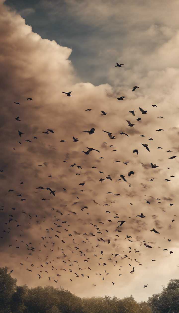 A flock of birds soaring in a sky filled with swirling brown clouds, just before a storm. Wallpaper [4f4c03b0aa0a4faab9b0]