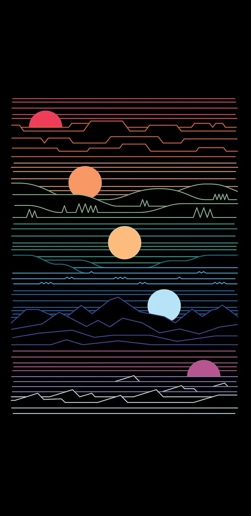 Artwork, abstract, lines, circle, minimalism, sunrise, sunset, spectrum, suns, HD phone wallpaper