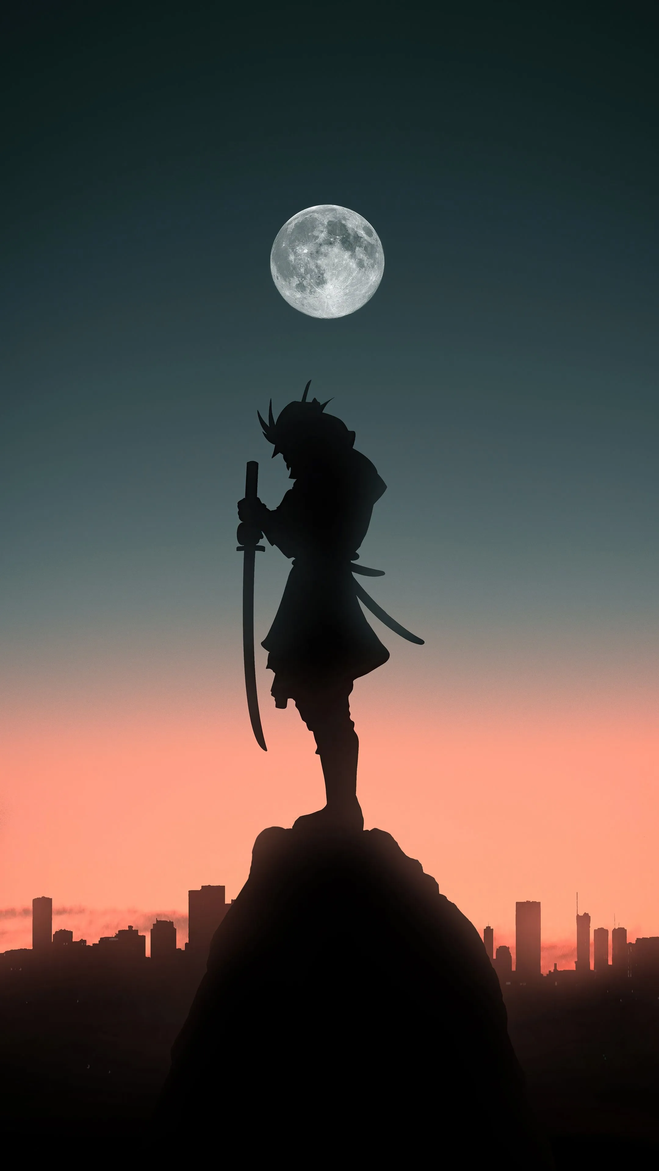 Samurai Silhouette With Sword Under Full Moon HD Phone Wallpaper