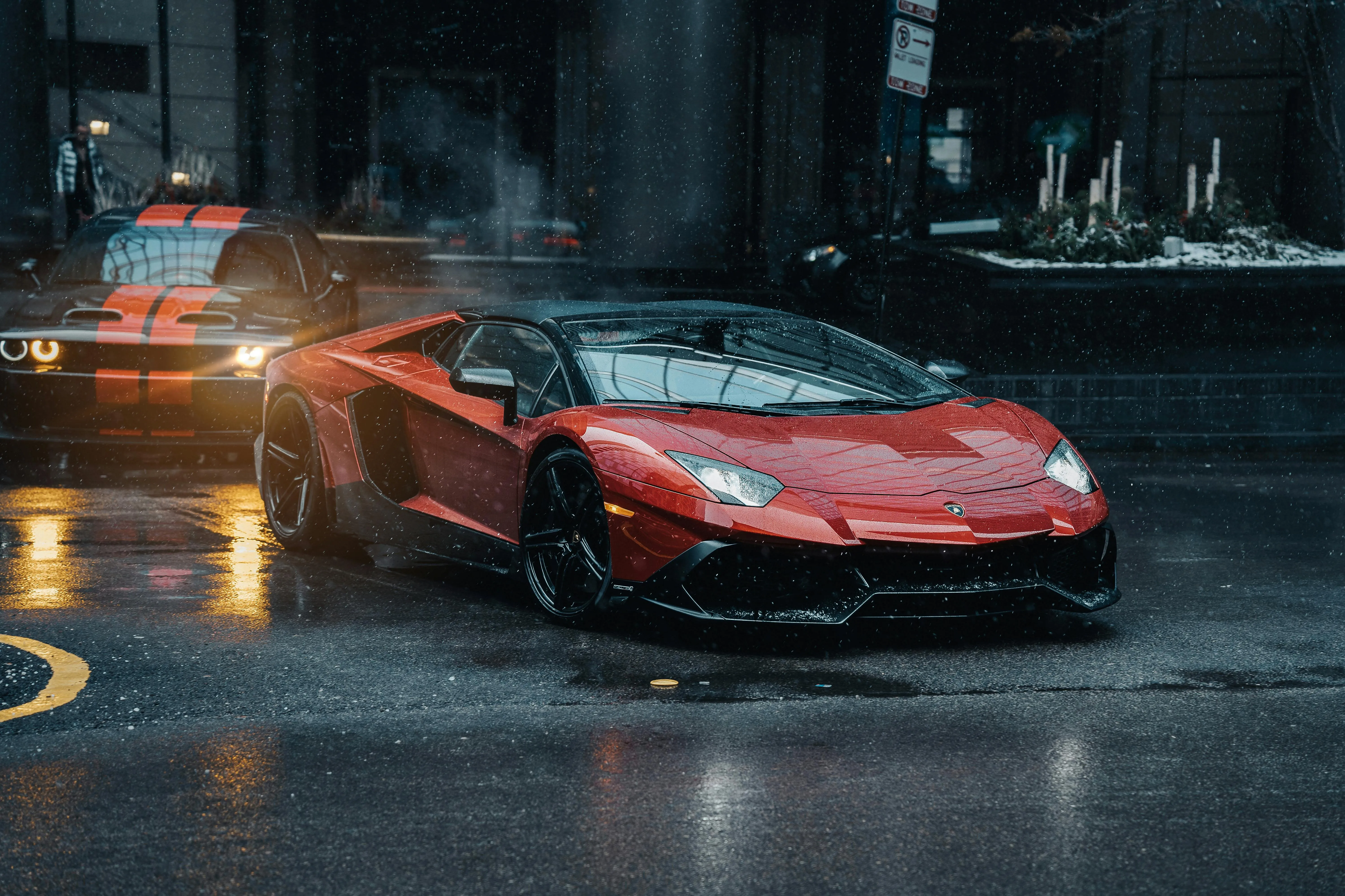 A Lamborghini Aventador and Dodge Challenger on the Street in Rain · Free