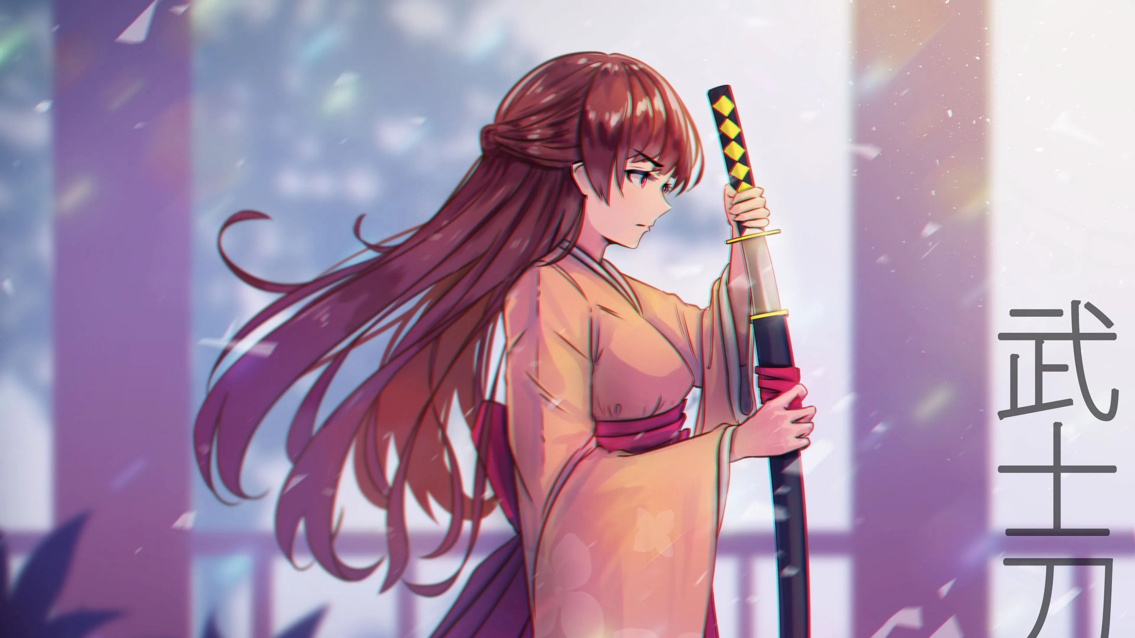 Download wallpaper 3840x2160 girl, kimono, katana, warrior, anime 4k uhd 16:9 HD background