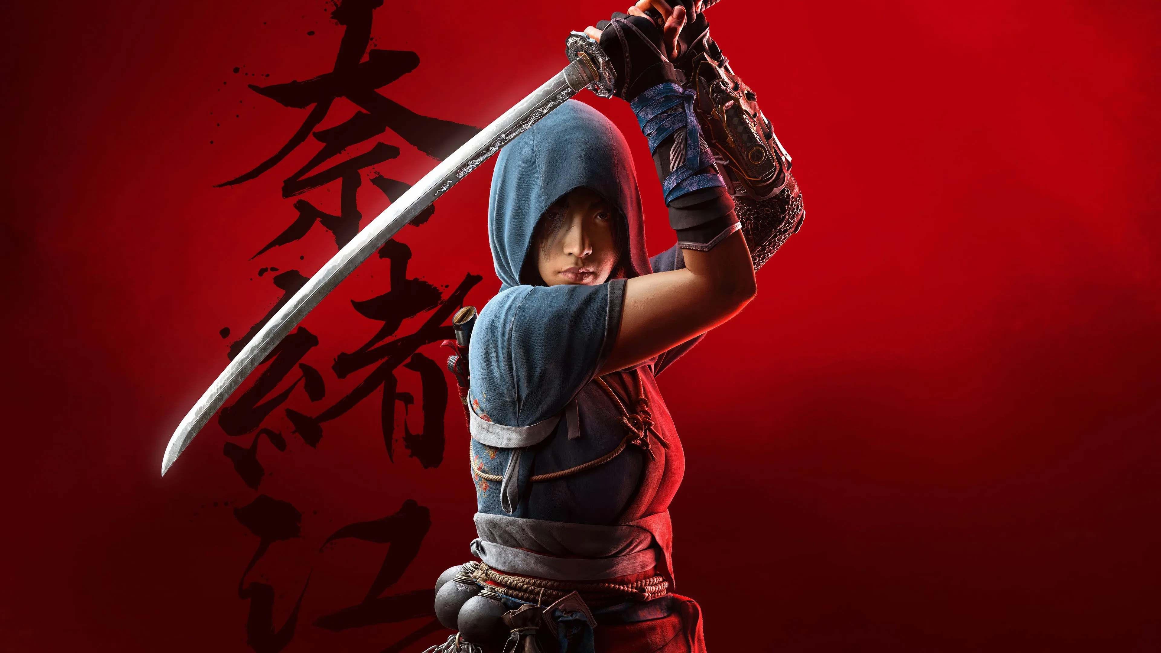 Beautiful samurai girl with a katana on a red background computer game Assassin's Creed Shadows Desktop wallpaper 600x382
