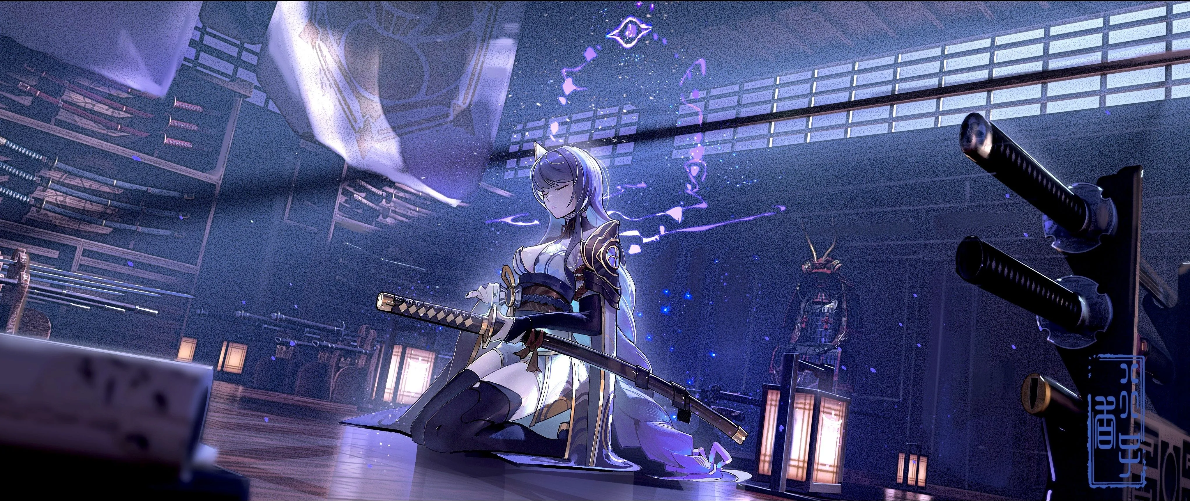 Wallpaper girl, sword, fantasy, armor, katana, samurai, digital art, artwork for mobile and desktop, section фантастика, resolution 4086x1722