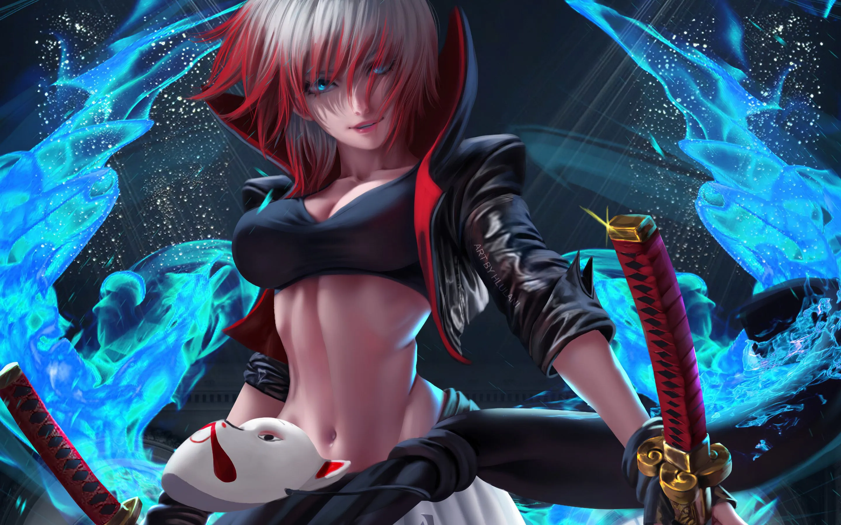 Wallpaper look, katana, anime, warrior, mask, blue eyes, beautiful girl, anime for mobile and desktop, section арт, resolution 2880x1800