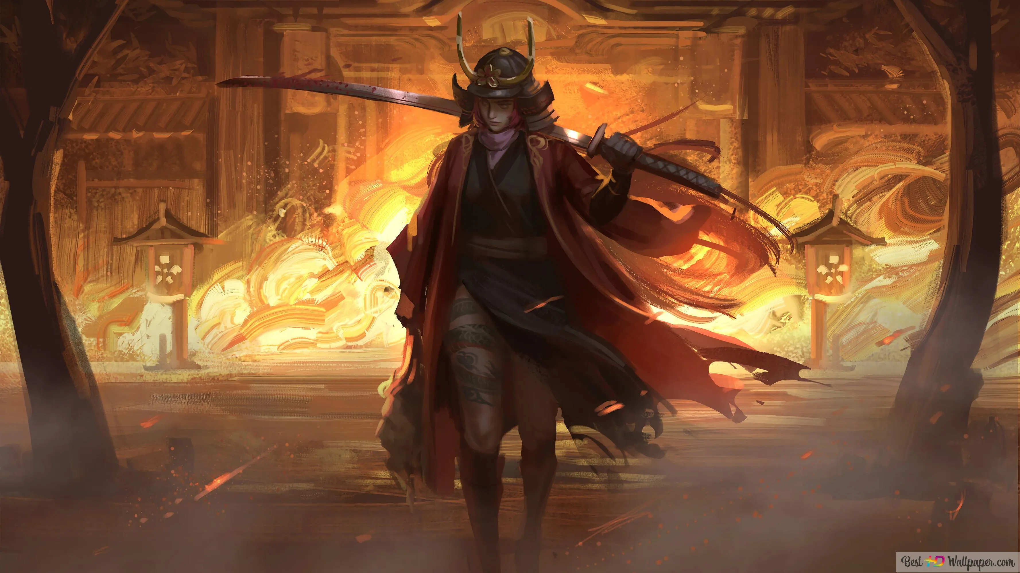 Samurai Girl Katana Fantasy Art 4K wallpaper download