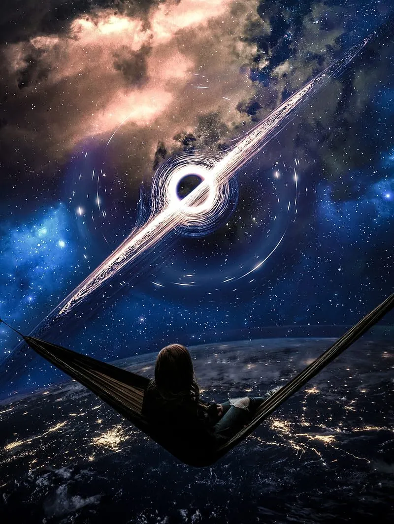 Hammock Black Hole, black hole, cosmos, earth, galaxy, girl, planet, relax, space, HD phone wallpaper