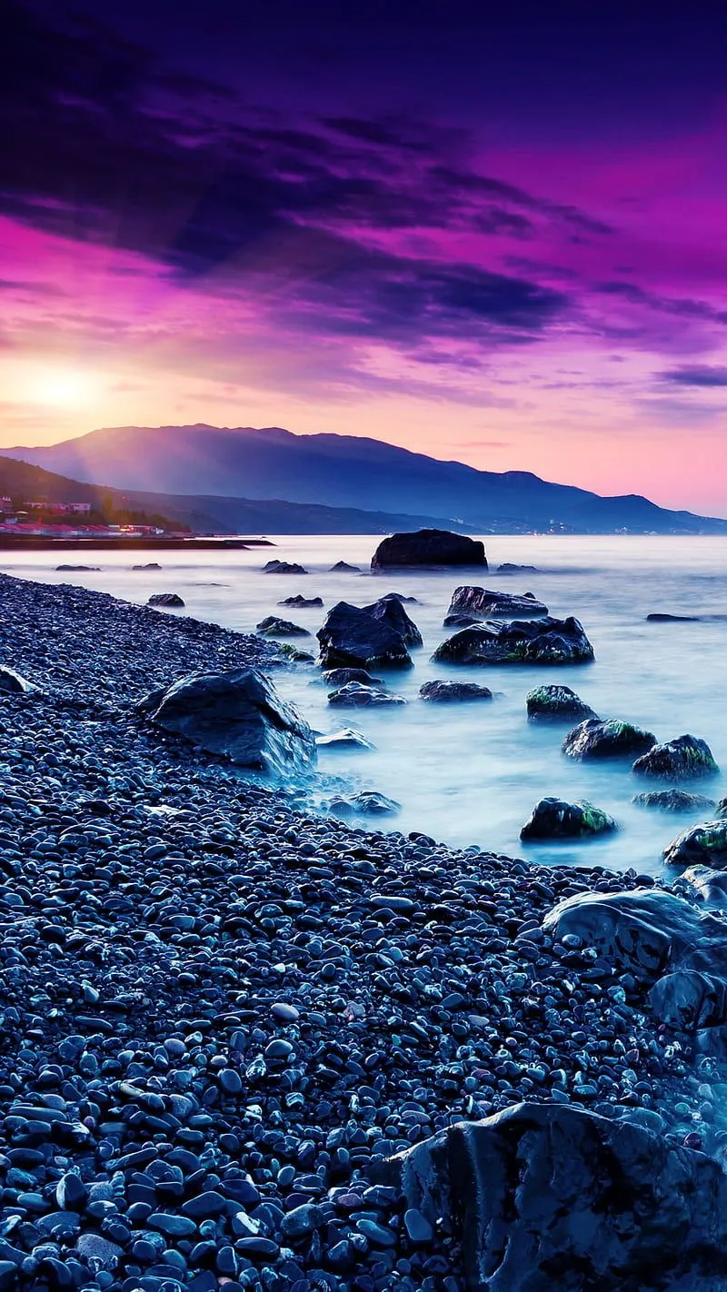 Seashore, beach, nature, peebles, rocks, seaside, sunset, waters, HD phone wallpaper