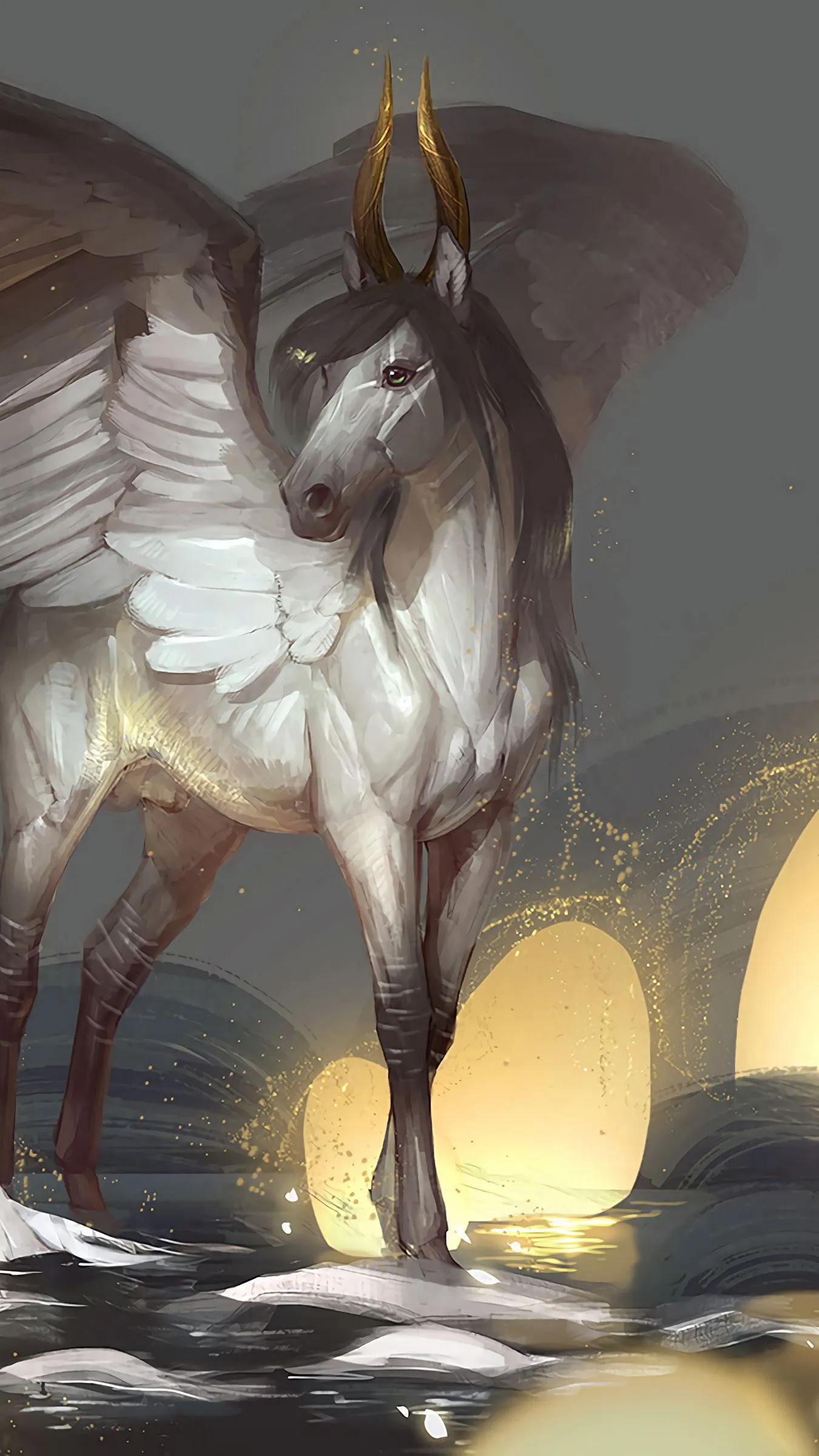 Download wallpaper 1350x2400 pegasus, wings, horns, fantasy iphone 8+/7+/6s+/for parallax HD background