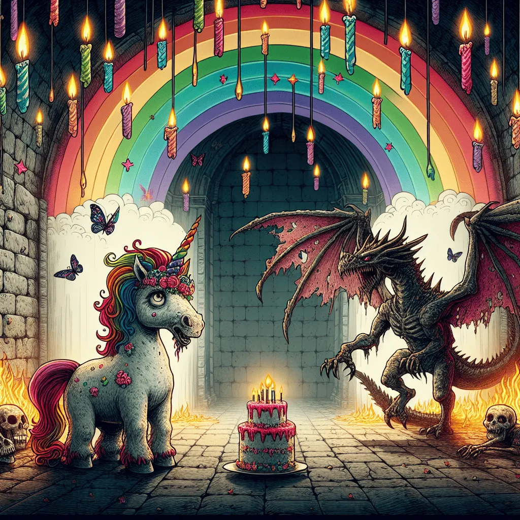 1) Birthday Card unicorn, Zombie Dragon, Rainbow, Dungeon, Fantasy, Fire, and Evil (367e8)