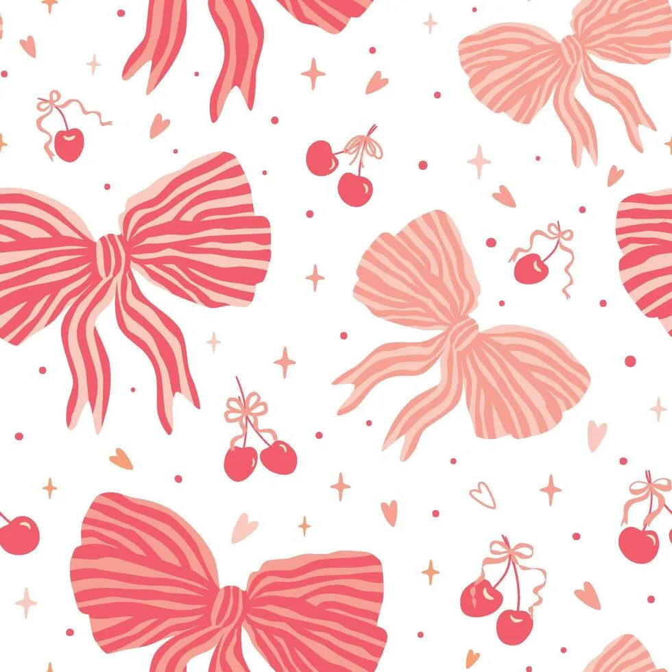 Pink bows and cherry seamless pattern for Valentines day. Preppy coquette repeat background. Cute romantic print, lovely wallpaper. Hand drawn bow knots, textile, gift paper
