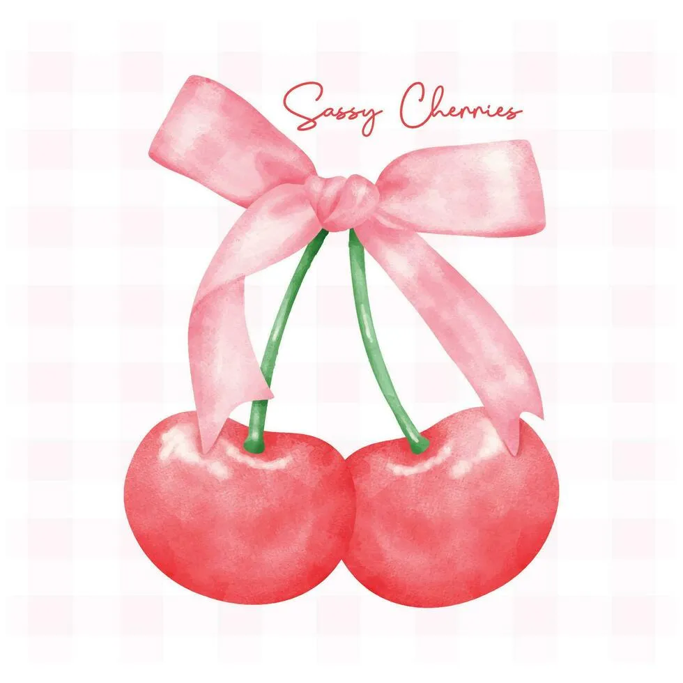Red coquette cherries with pink ribbon bow, aesthetic watercolor hand drawing