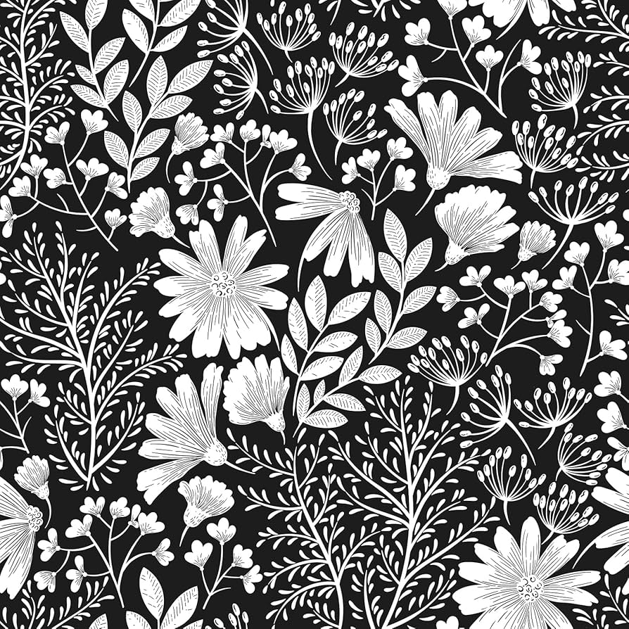 ReWallpaper Black And White Floral Wallpaper White Daisy Wallpaper Modern Floral Peel And Stick Wall Paper 17.5inX10ft Dark Wildflower Leaves Twigs Removable Contact Paper For Cabinets Walls Bathroom