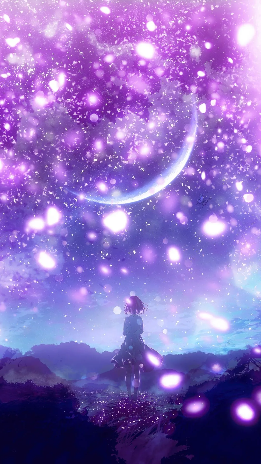 Anime girl Wallpaper 4K, Purple aesthetic, Crescent Moon