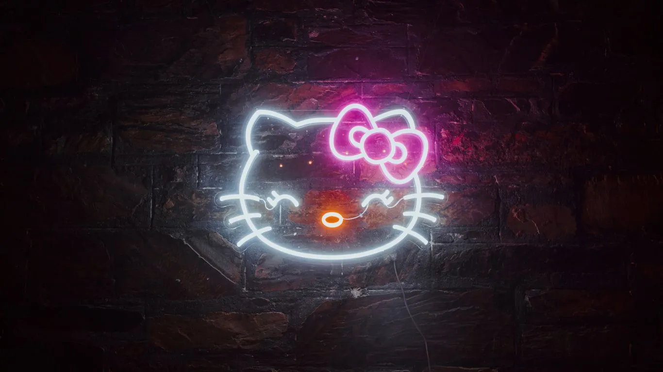 Download Hello kitty, Wall, Neon, Glow Wallpaper in 1366x768 Resolution