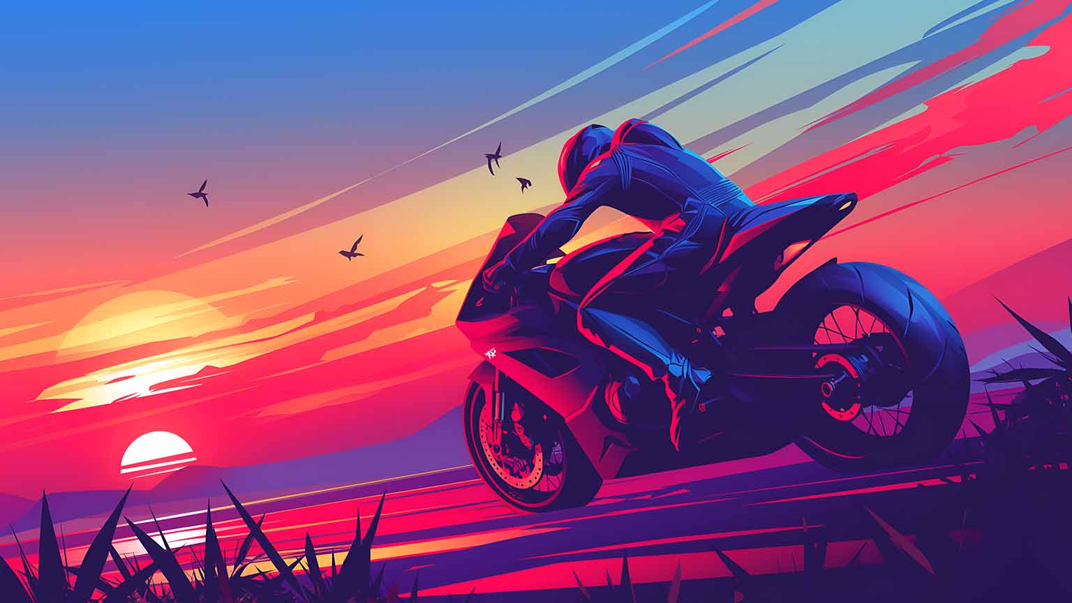 Motorcycle Rider Sunset Drive Desktop Wallpaper