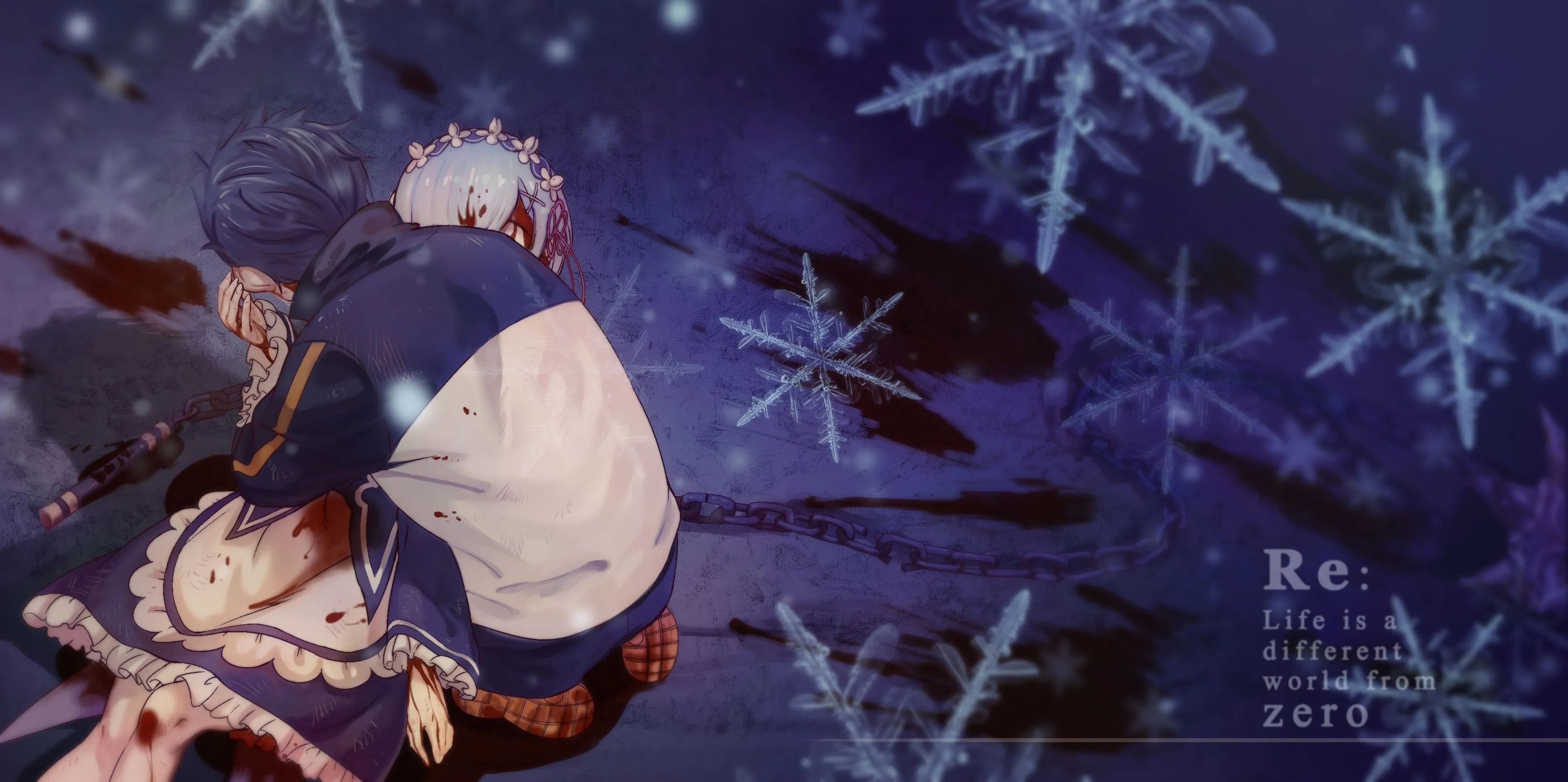 Wallpaper snowflakes, blood, anime, art, drama, Subaru, Re: Zero kara hajime chip isek or Seikatsu, REM for mobile and desktop, section прочее, resolution 3507x1749