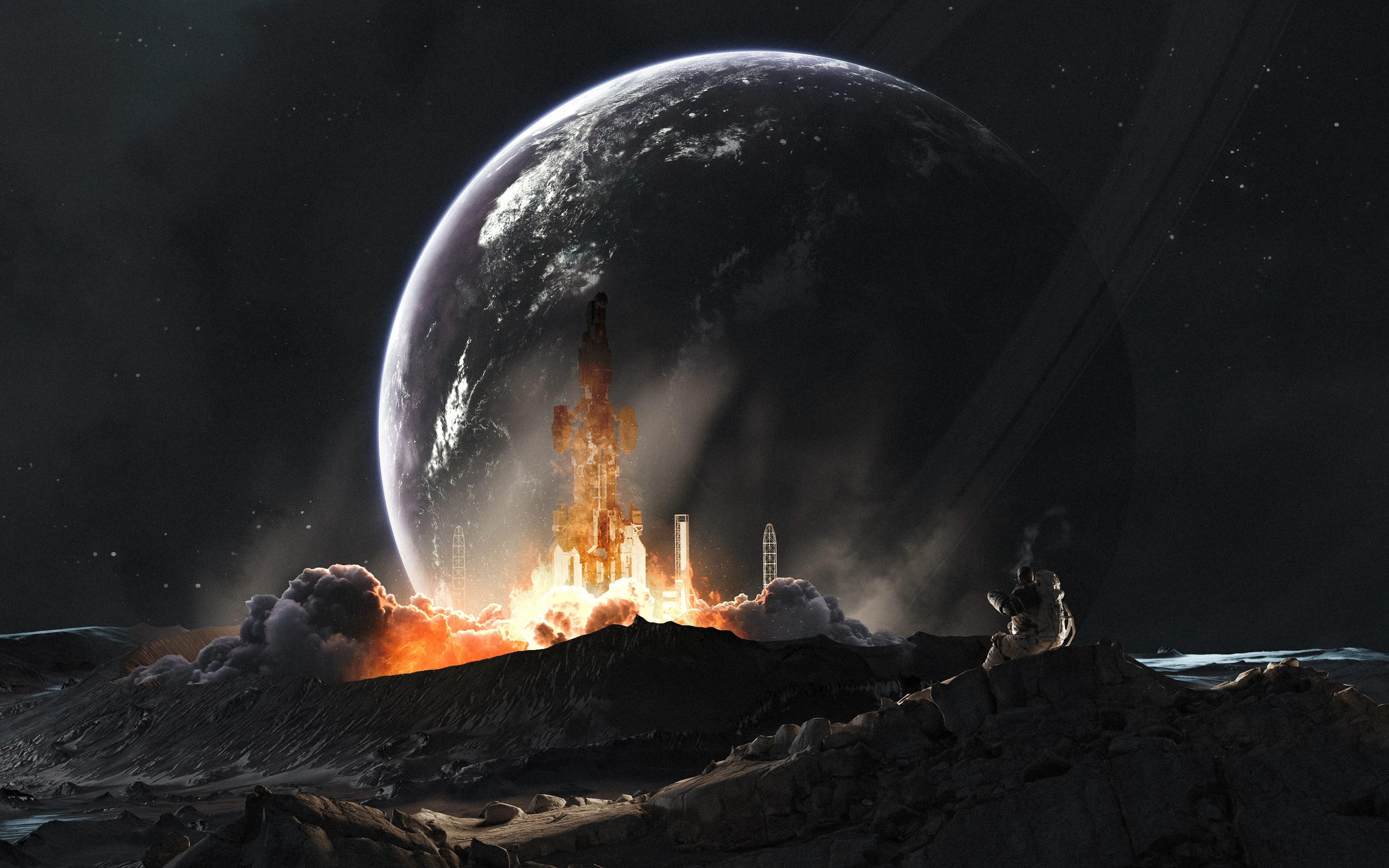 Moon Wallpaper 4K, Rocket launch, Astronaut