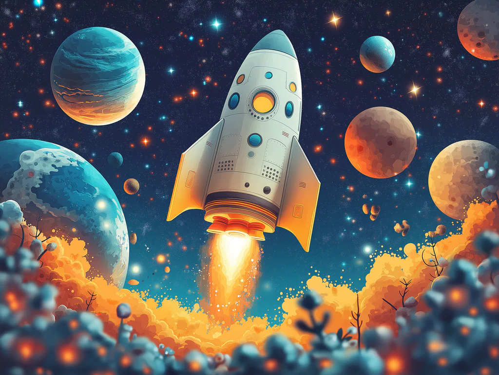 Rocket Launch Mural Wallpaper in Bedroom. Various Colors (Blue, Red, Orange, etc.) of Rocket