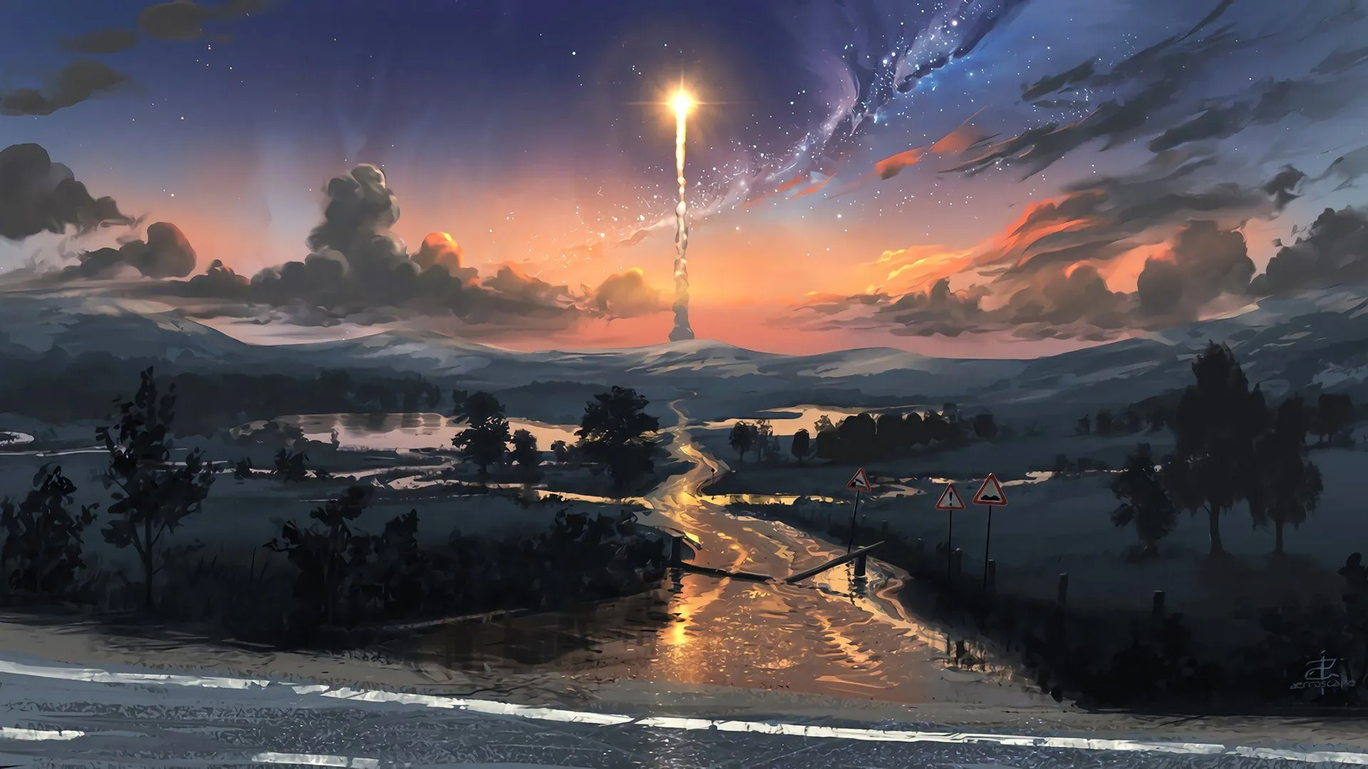 Sunset Rocket Launch: Stunning HD Artistic Landscape Wallpaper
