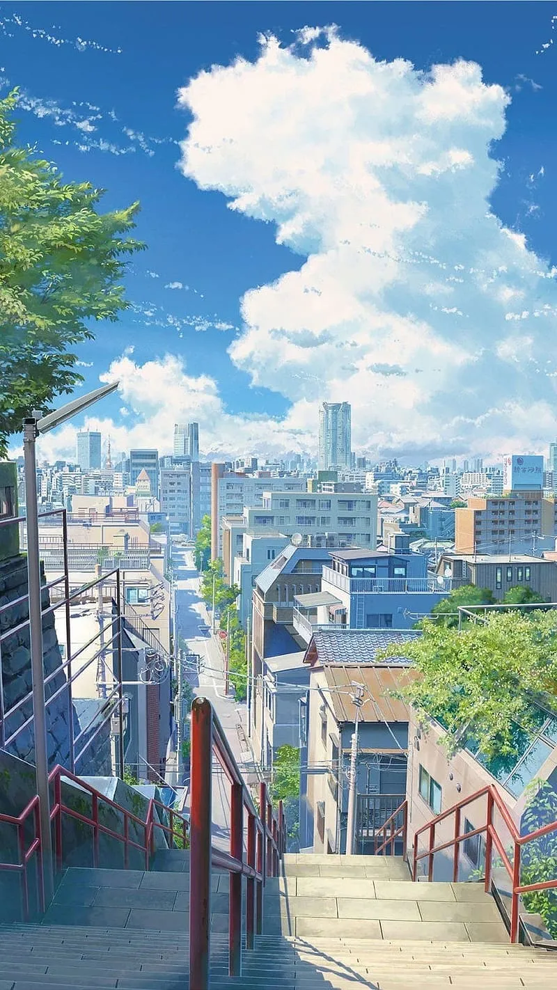 Anime Scenery With Clear Sky Background, anime scenery, clear sky, steps, buildings, HD phone wallpaper