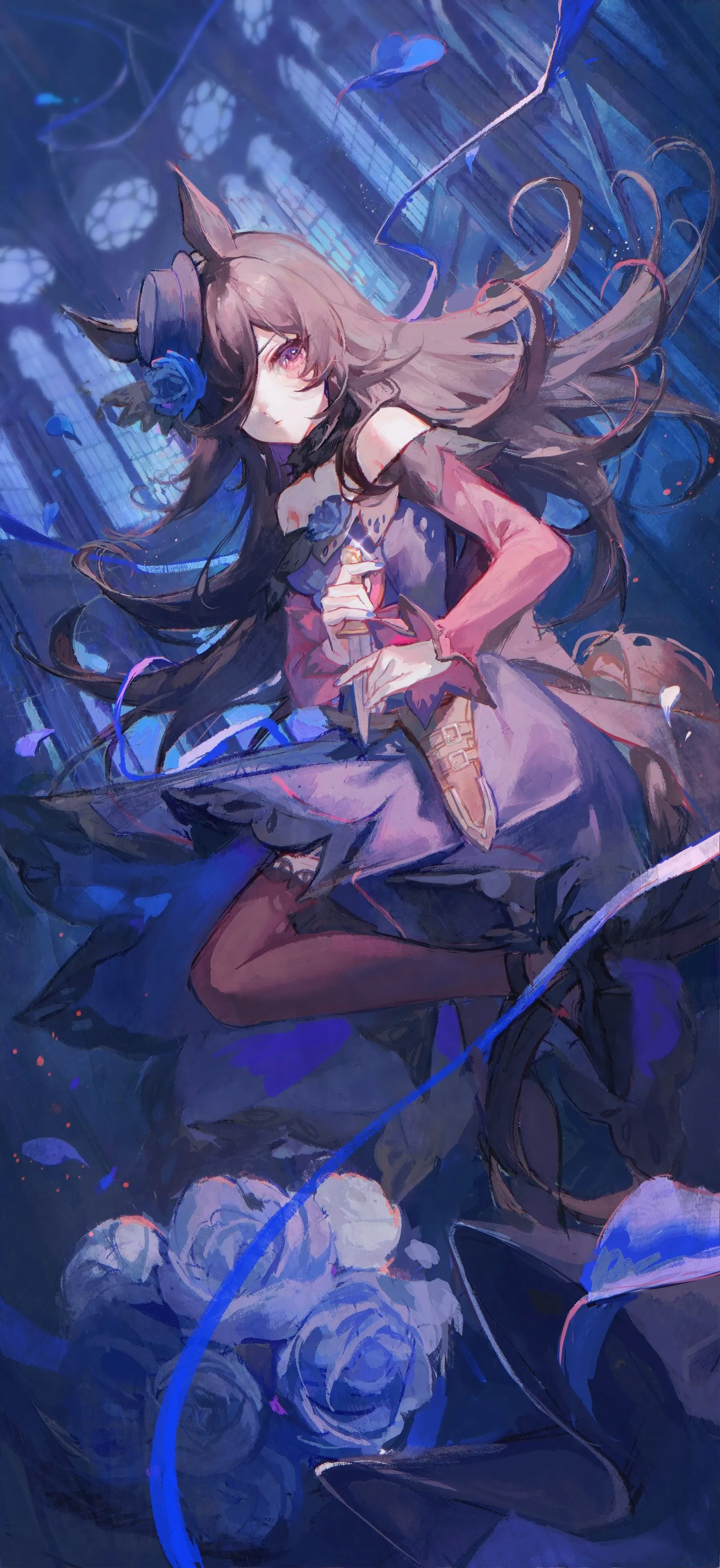 Stained Glass, Flowers, Rice Shower, Hat, Weapon, Maccha, Petals, Hair Over One Eye, Dress, Knife, Uma Musume Pretty Derby HD Phone Wallpaper