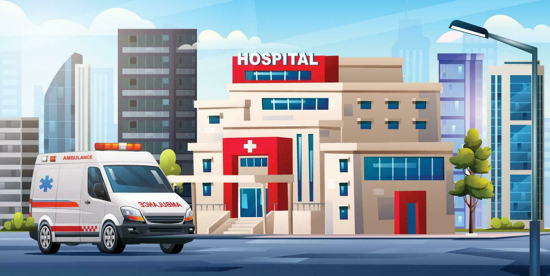 Hospital building with ambulance car. Medical concept design background landscape illustration
